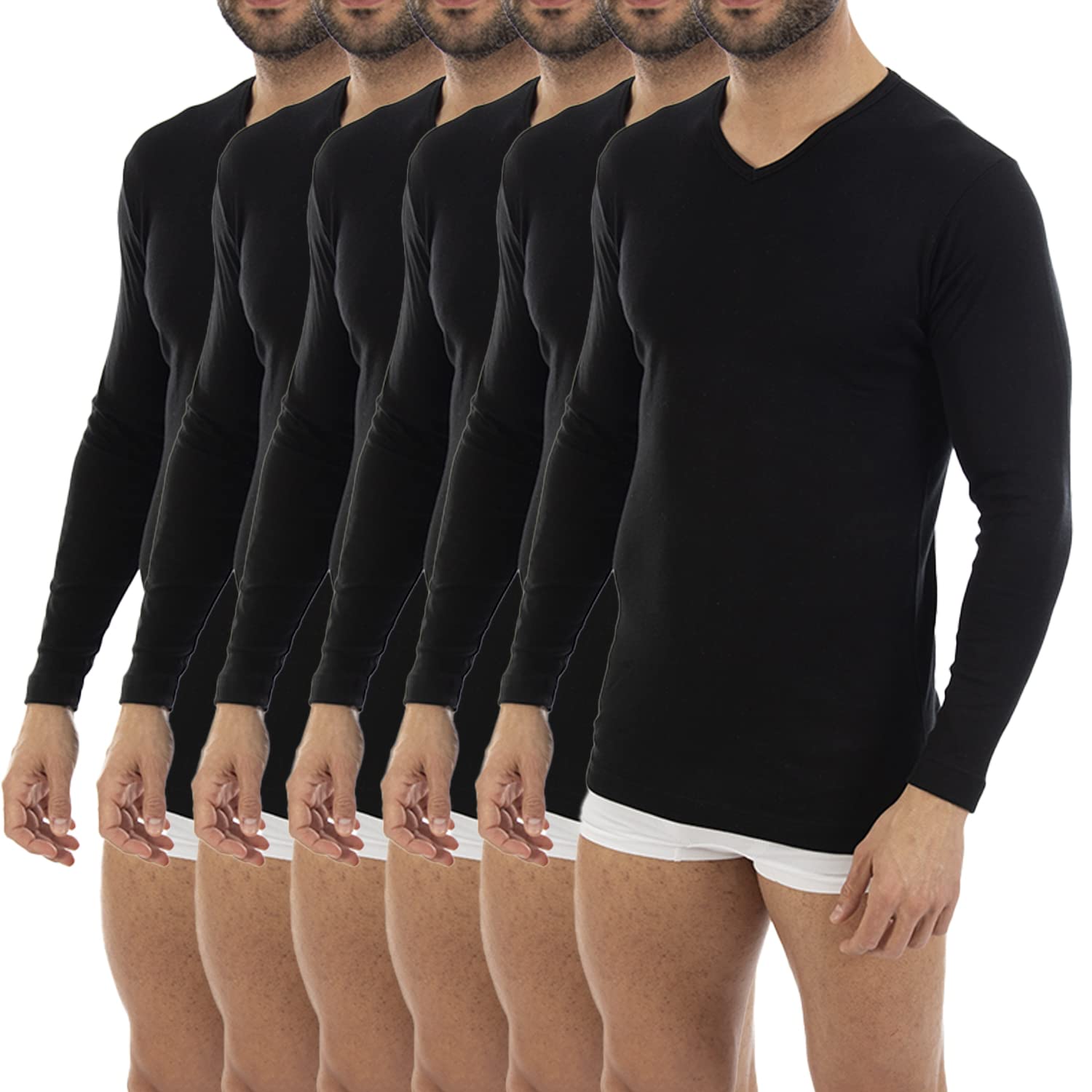 Pack Ahorro de 6 Unidades. Camiseta Interior cálida de Hombre L150, Manga Larga y Cuello de Pico.