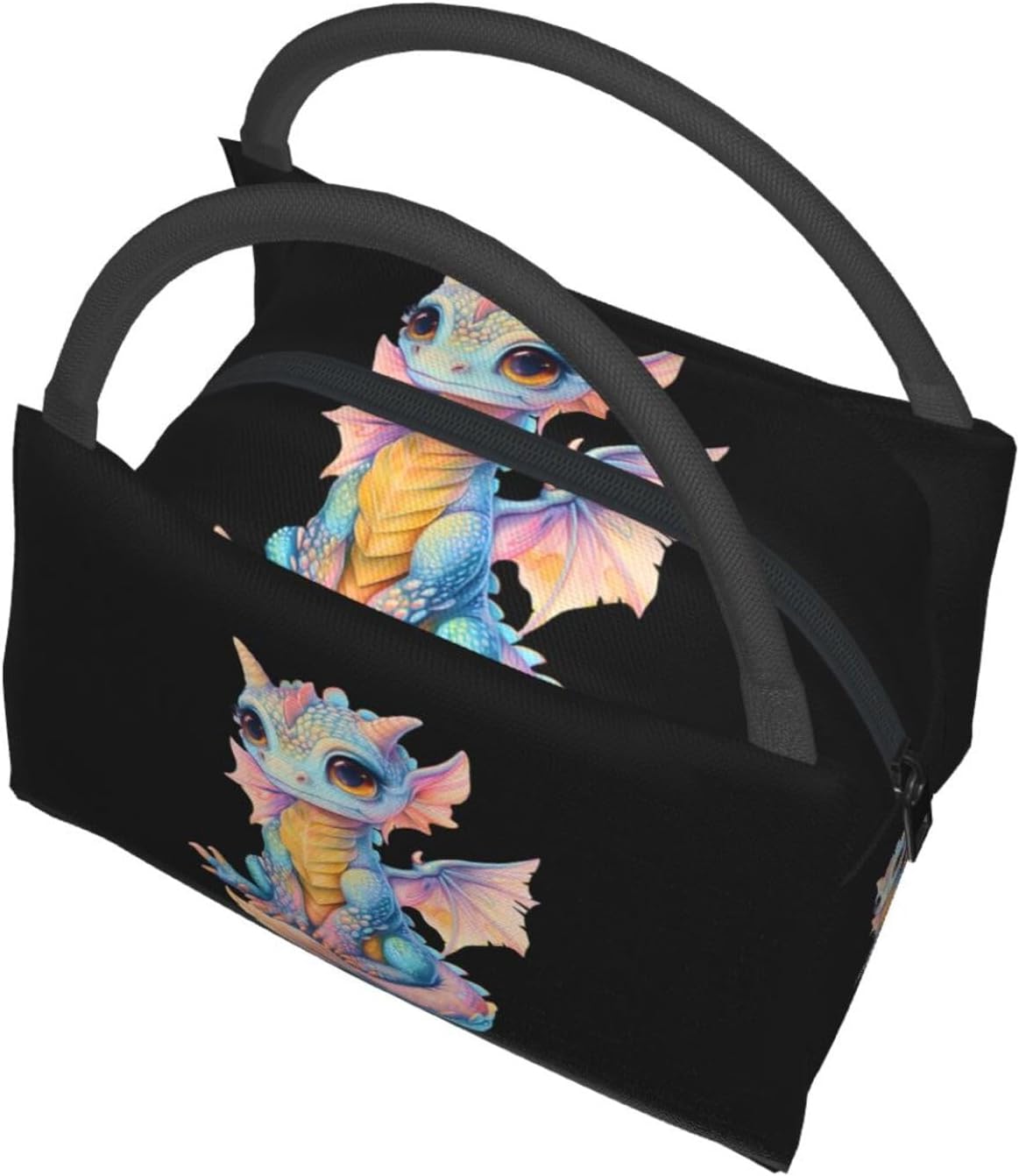 Cute Dragon Insulated Lunch Box for Kids Women,Reusable Tote Bag with Cartoon Pastel Blue and Pink,Portable Lunchbox Handbag,Makeup Bags Organizer Gifts for Work Office Travel,11x6.3x6.7in