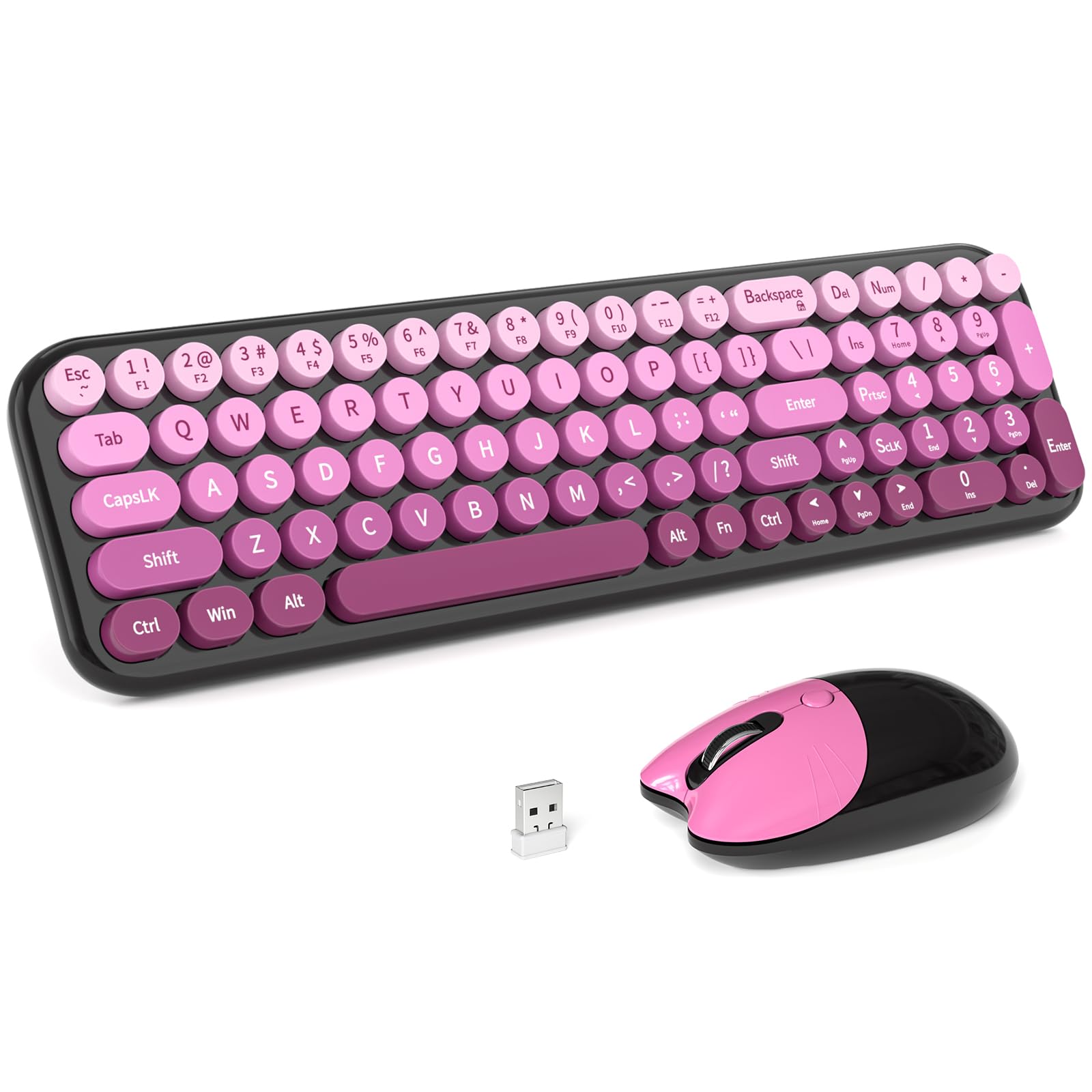 MOFII Wireless Keyboard and Mouse Combo, Compact Typewriter Retro Round Computer Keyboard and Mouse Set, Plug and Play, for Windows, Computer, Desktop, PC, Notebook - (Black Pink Gradient)