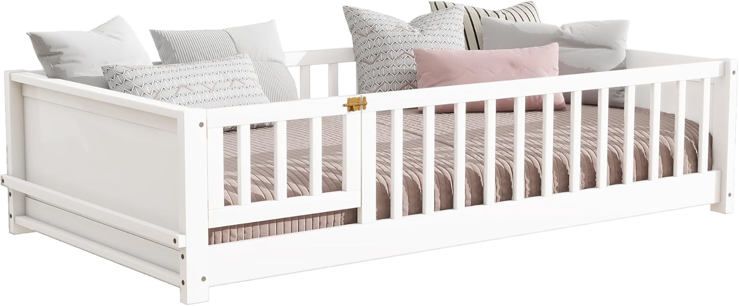 Mirightone Floor Bed with Rails and Door Twin Size, Wood Montessori Floor Bed with Storage Bookcase, Kids Bed Frame with Fence for Boys Girls, White