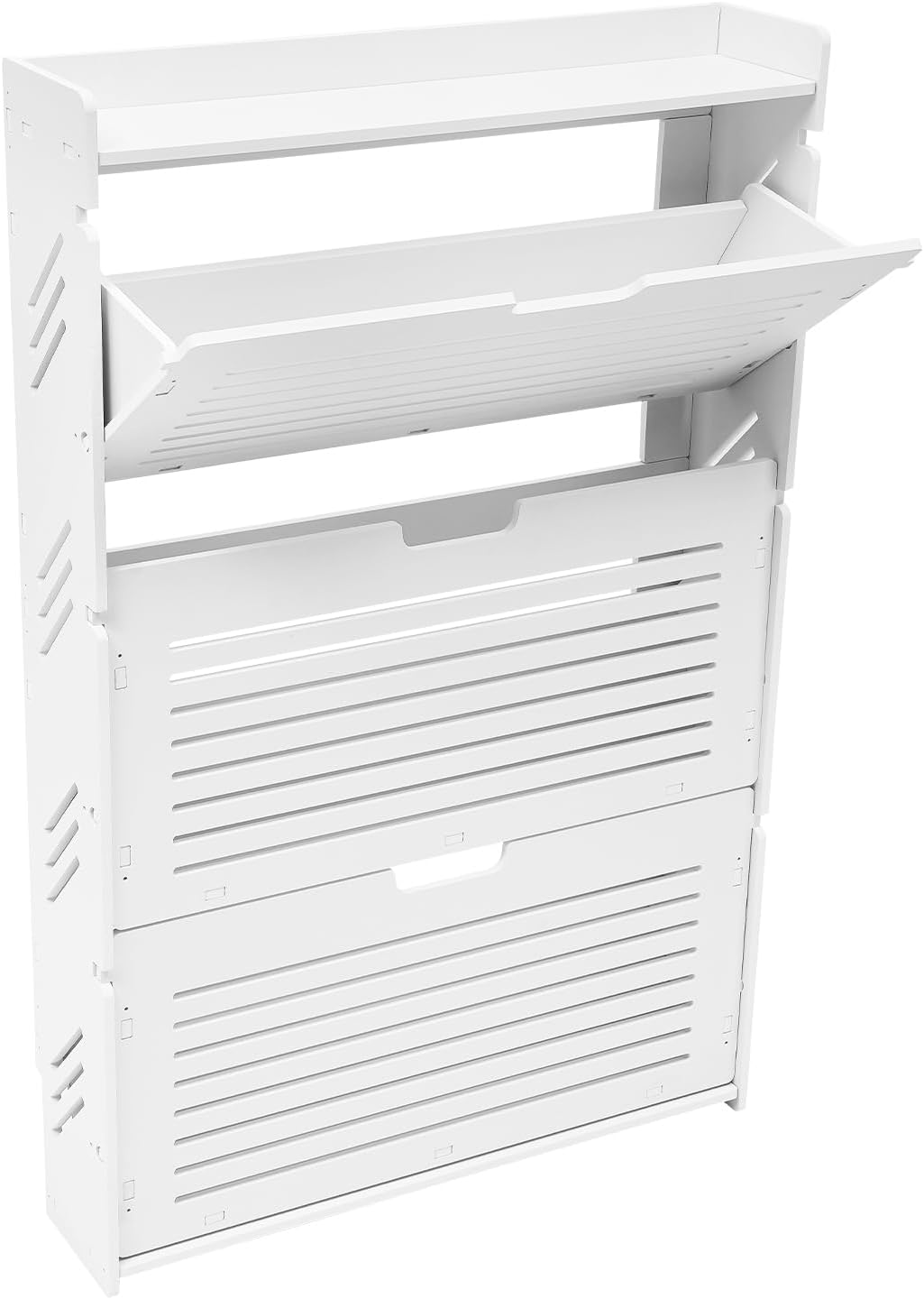 3 Tier White Shoe Storage Cabinet, Modern Shoe Cabinet Wall Mounted Flip Shoe Cabinet, Free Standing Tipping Bucket Shoes Rack Organizer with 3 Flip Drawers for Living Room Home Entryway (Style B)