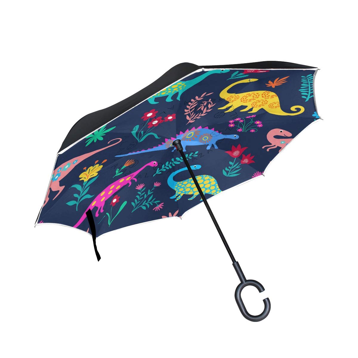 Double Layer Reverse Folding Umbrella,Self Standing and Inside Out Car Umbrella,Dinosaurs Cute Kids Pattern Windproof Rain Inverted Umbrella with UV Protection