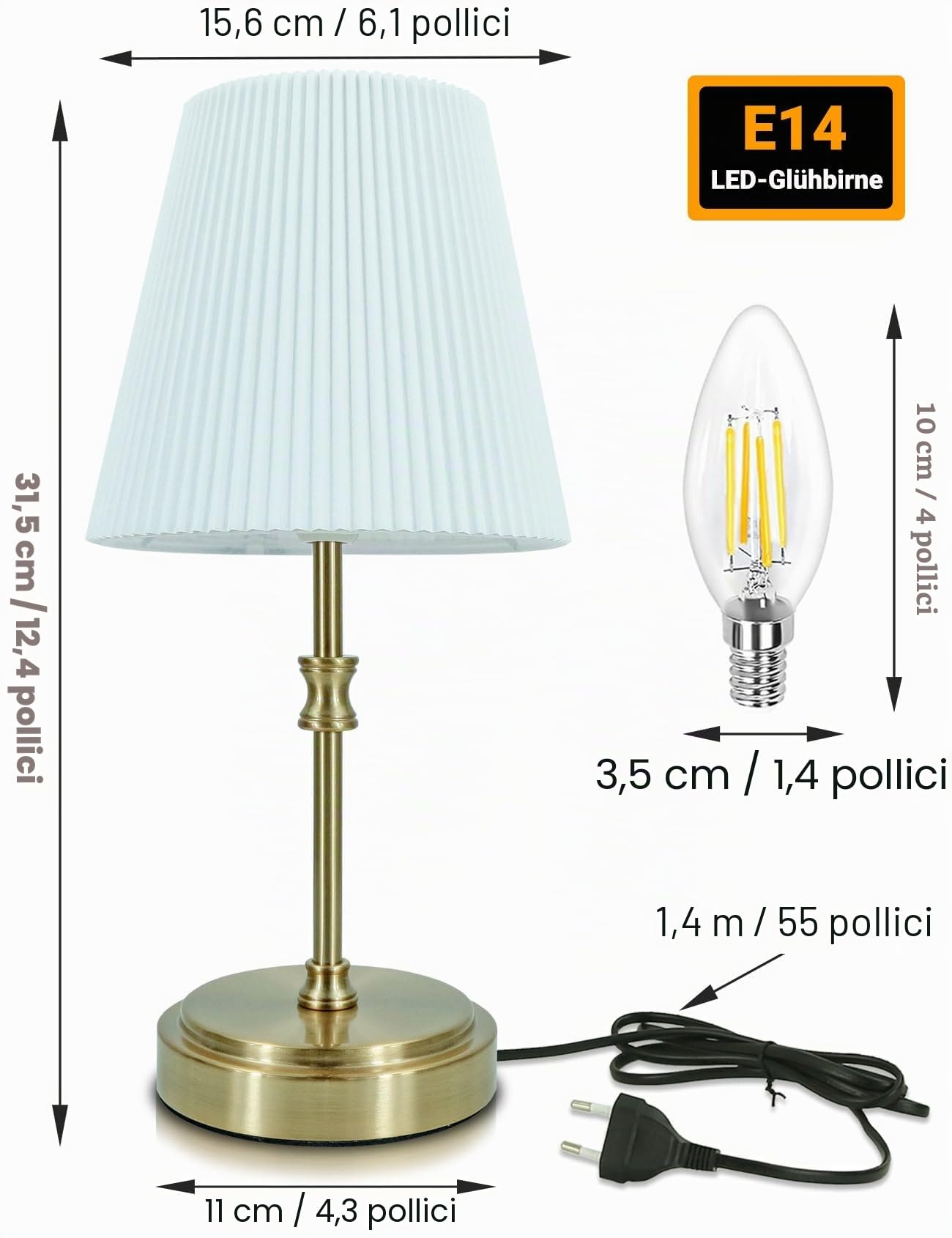 HSLighting Lampada da Comodino: 31.5cm Lampada da Tavolo Touch Dimmable Control Moderna Lampada da Tavolo a LED con Lampadine la Lettura Soggiorno Stanza dei Bambini Paralume in Tessuto per da Letto