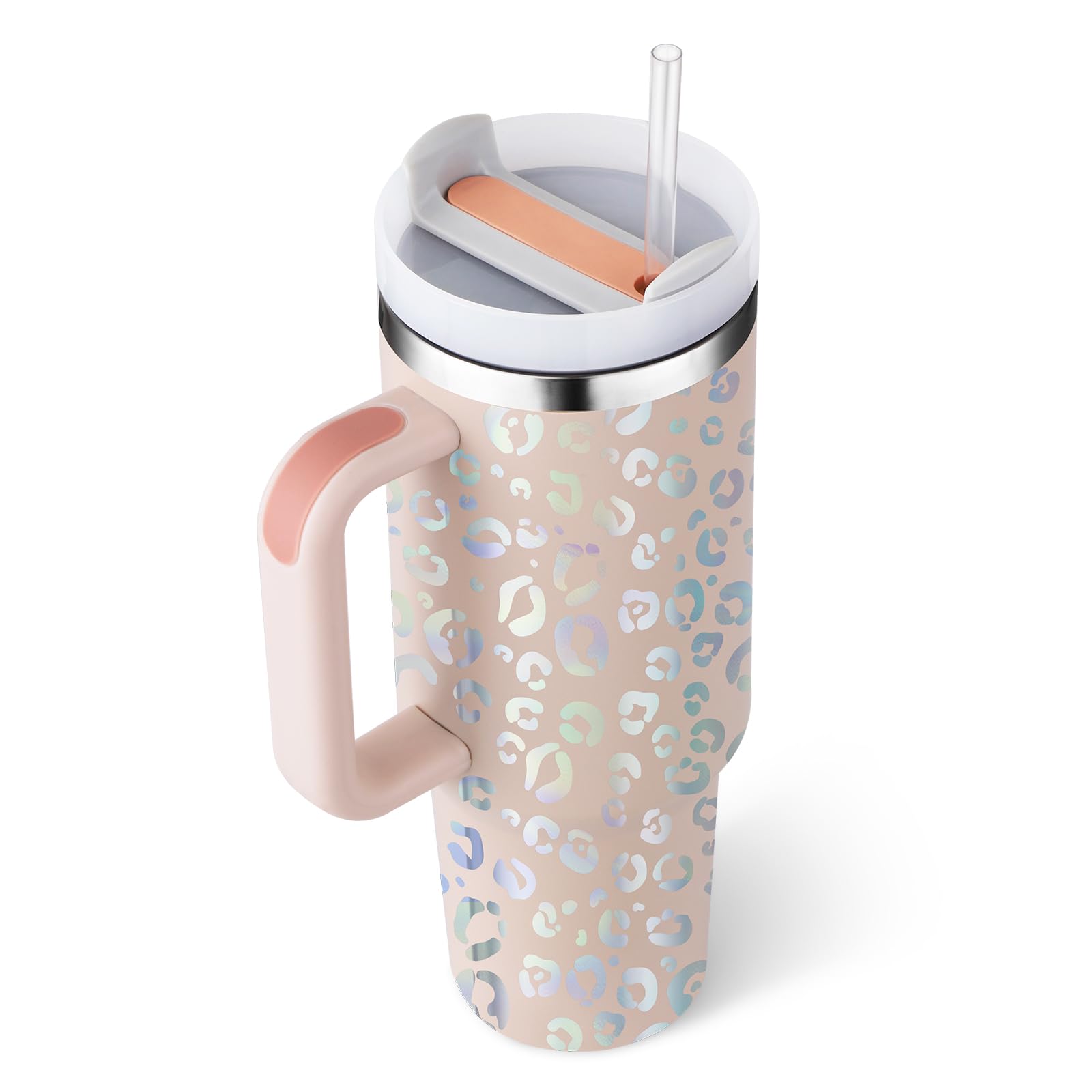 Photo 1 of Ochapa 40 oz Tumbler with Handle Leopard Straw Lid Insulated Stainless Steel Vacuum Reusable Cup Holder Friendly Keep Drinks Cold Gifts for Women Lover Car Gym Travel, Pink Cheetah