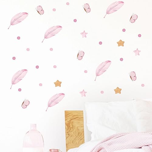 sacinora - 6 hojas de 72 calcomanías de pared de plumas rosadas, diseño de estrellas y mariposas de plumas rosas, calcomanías de pared de lunares