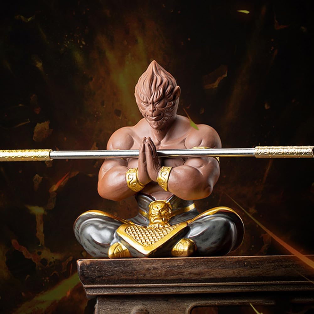 Monkey King Figure, Strong Muscles Sun Wukong Figure, Ceramic Journey to The West Statue, 5.5" H Meditation Wukong Statue for Home Office Car Decor