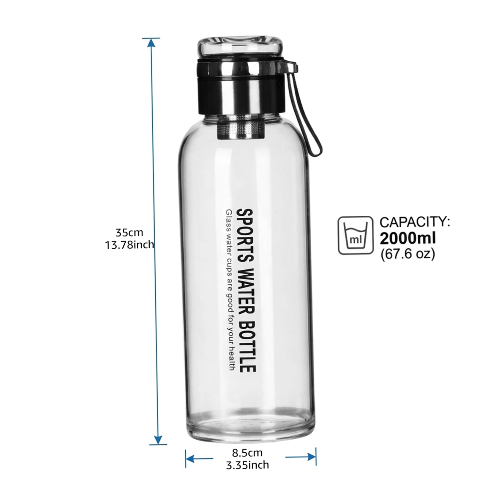 Borraccia in vetro borosilicato, bottiglie d'acqua infrangibili da 2 litri con doppio coperchio e infusore per il tè, borraccia in vetro con borsa per il trasporto per esterni, ufficio, palestra