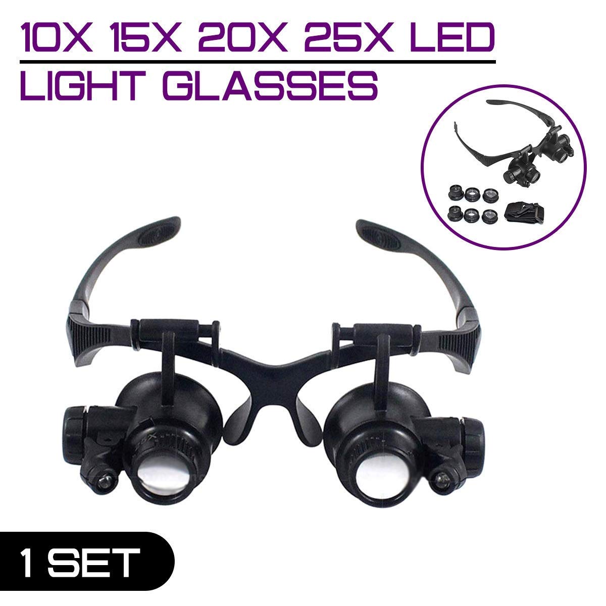 Lupa de reparación montada en la Cabeza 10X 15X 20X 25X Gafas con luz LED Lupa Diadema Joyería Relojero Lente óptica Lupa de Vidrio Lupa Lectura/Observación/Reparación Iluminación de reparación