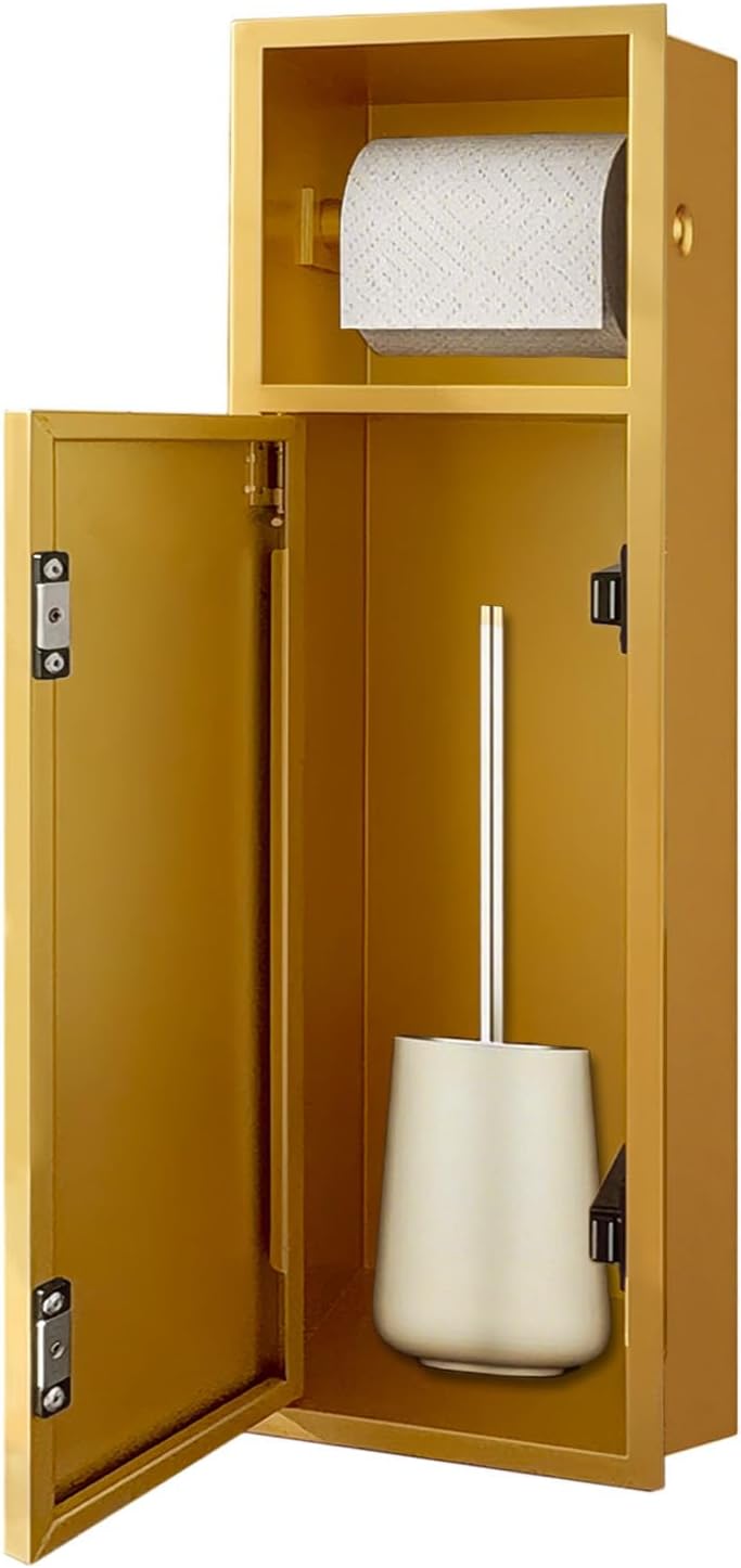 OKYSHDF Recessed Toilet Paper Holder, in Wall Toilet Brush Holder with Storage, Stainless Steel Tissue Paper Roll Dispenser for Bathroom Remodel Kitchen Hotel (Gold, 6.3″x4.9″x23.6″)