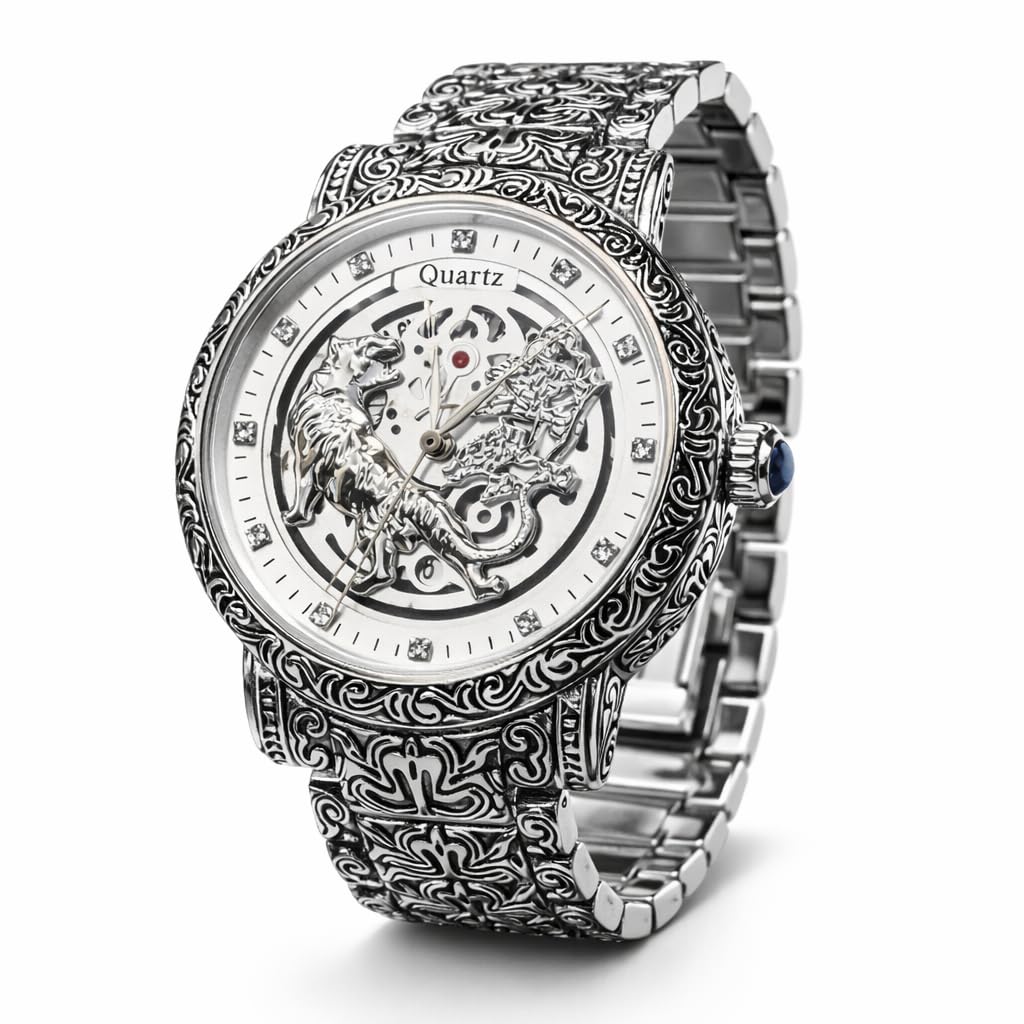 FOREST Luxury Engraved Silver Watch for Men | Antique Carved Metal Strap with Lion-Design Dial | Stylish Formal Wrist Watch for Office, Weddings & Functions | Designer Vintage Silver Timepiece for Men | Elegant Engraved Watch with Detailed Artwork | Classic Men’s Wrist Watch with Unique Artistic Dial and Metal Chain-picture-10