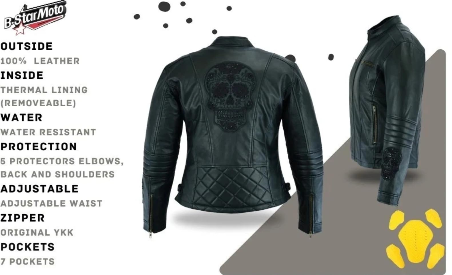 BStar Veste de Moto En Cuir Pour Femme De Touring de Crane Las Tete De Mort blouson ete/hiver de Motard de avec protection veritable Noir