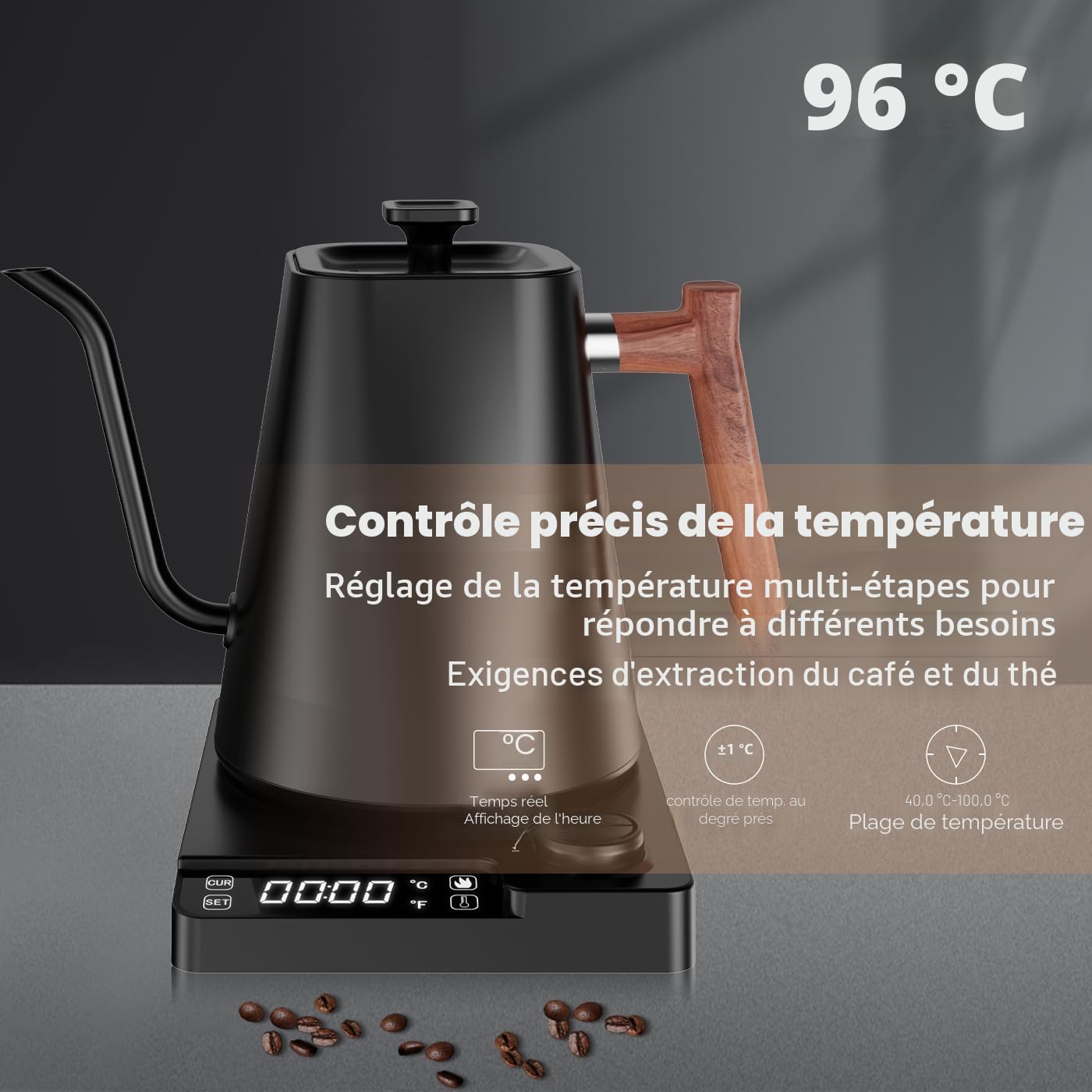 【Version améliorée 2026】Bouilloire à Col de Cygne 1L en Acier Inoxydable, Affichage LCD & Contrôle de Température en Temps Réel, Chauffage Rapide & Température Réglable, Idéale pour Café et Thé