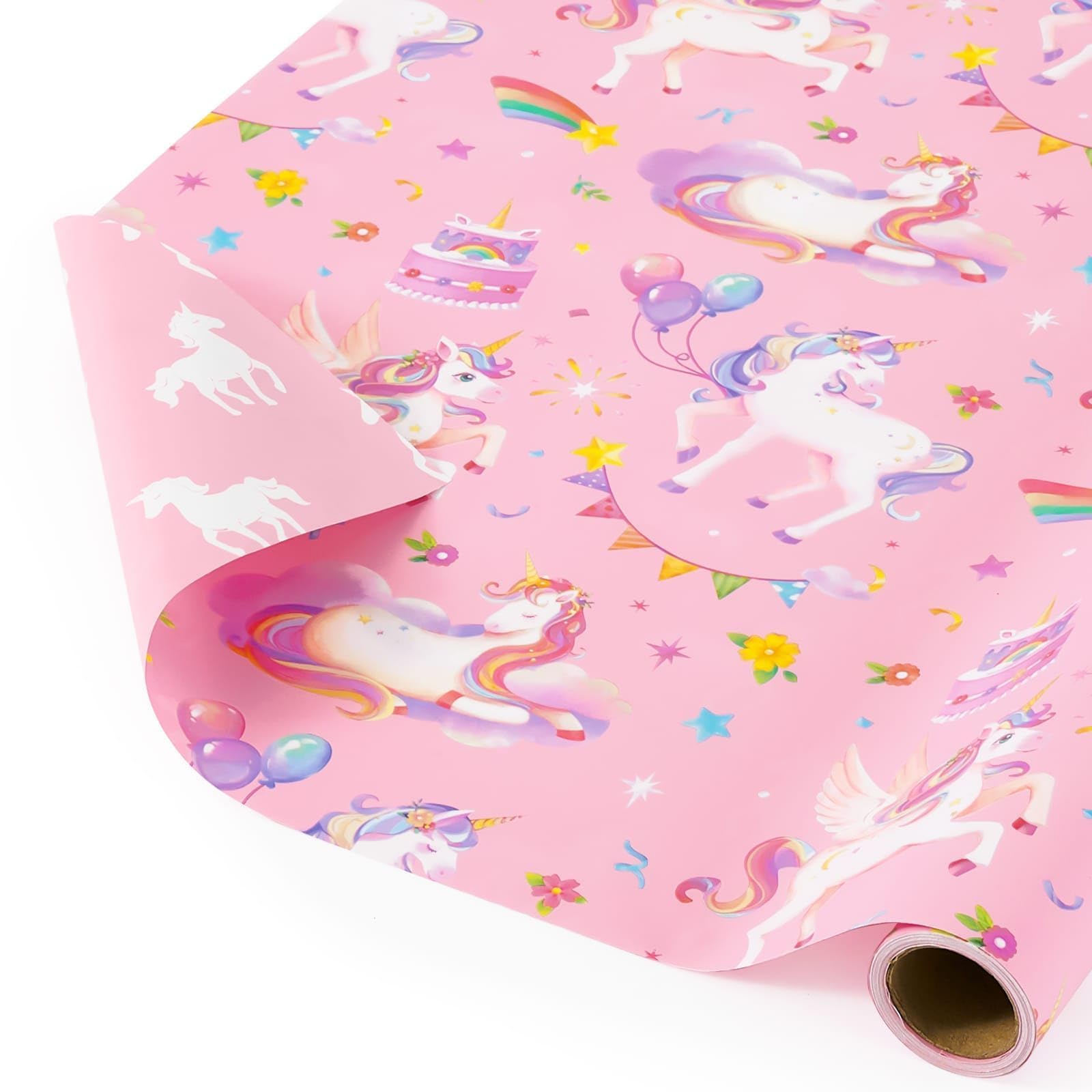 WERNNSAI Unicorn Wrapping Paper - 1 Roll Pastel Pink Unicorn Wrapping Paper Birthday Wrapping Paper for Girls Kids Gift Decoration Reversible Design 43cm X 5m — image 1