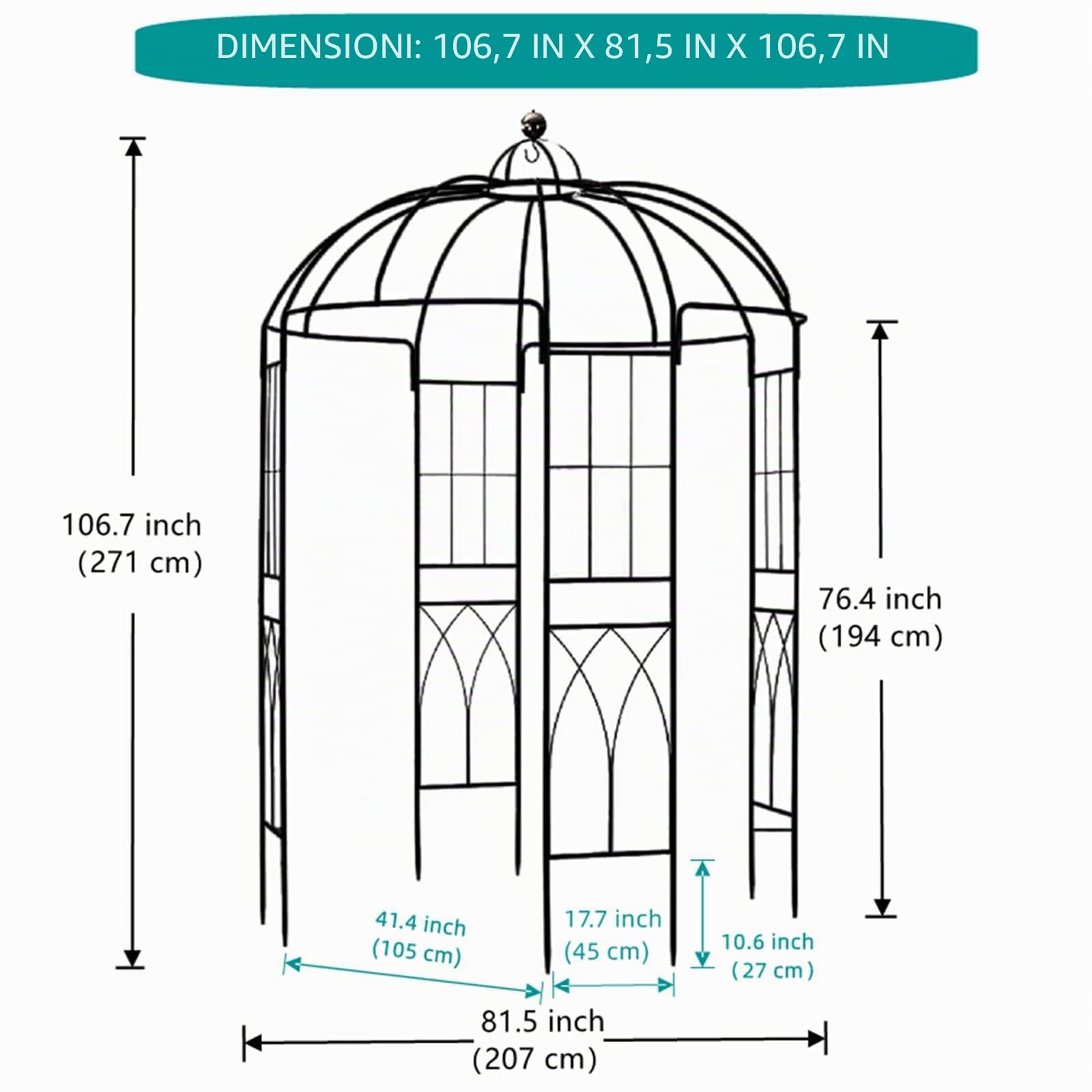 GARDEN Pergolati da giardino, Arco per Rose Rampicanti, Decorazione Giardino, per Rose e Rampicanti, Pergolato Balcone, Terrazzo 271x207x207 cm Nero