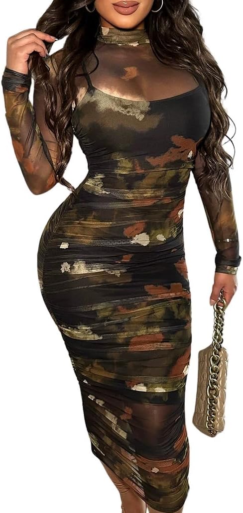 MOEENCN Sexy Long Sleeve Midi Dress for Women Sheer Mesh Printed 2 Piece Skirt Set Crew Neck Bodycon Party Clubwear Dresses