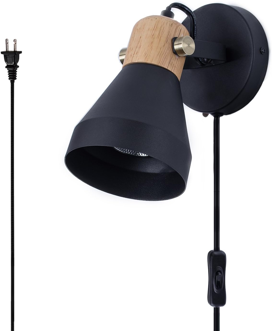 TeHenoo Wall Lamp with Natural Wood Cap,Rotable Wall Light with On-Off Switch Cord for Bedside,Living Room,Kitchen,Matte Black