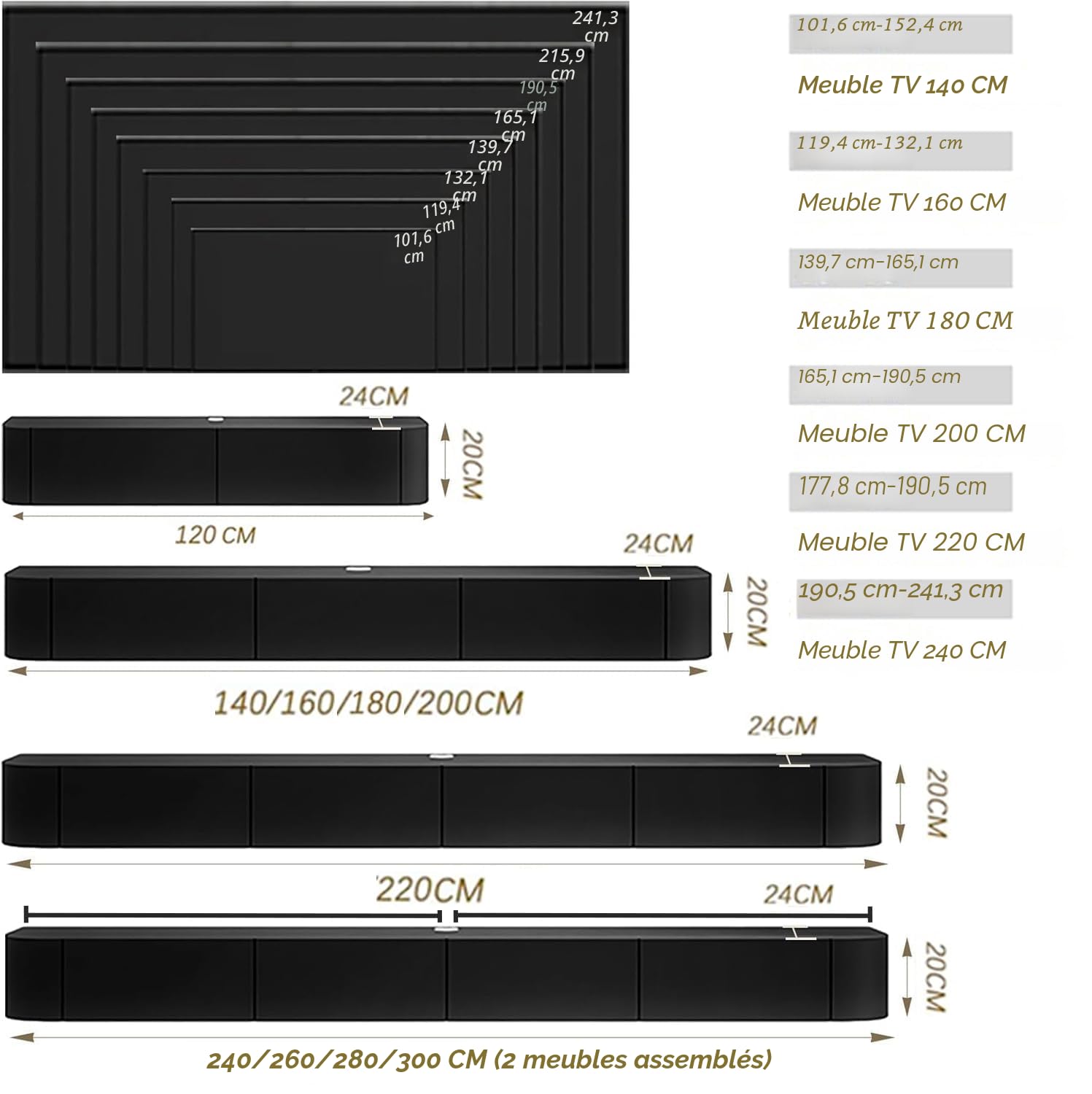 Meuble TV Suspendu, Meuble TV Flottant, Noir Meuble Télévision Mural en Bois Massif avec 2 Tiroirs, Design Élégant et Suspendu, Étagère de Rangement pour Salon ou Chambre (Couleur Bois, 220cm)