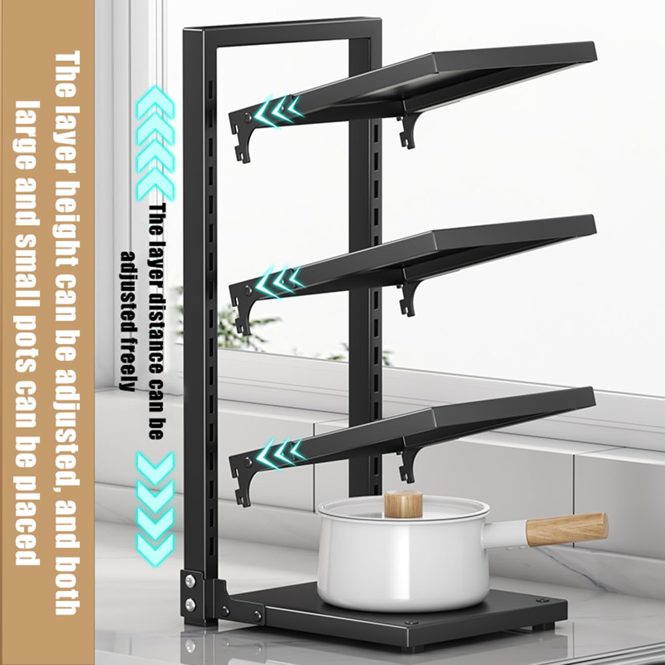 Porta Pentole Salvaspazio con Multistrato Scomparti Regolabili, Organizer Pentole E Padelle, Organizer per Pentole per Organizzazione E Conservazione della Cucina,Nero,3Tier