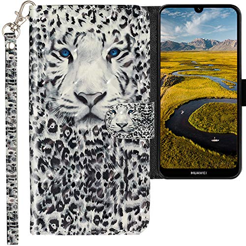 CLM-Tech Coque Compatible avec Huawei Y6 2019 - Portefeuille en Cuir synthétique avec Support et Cartes Compartiments, Léopard Noir Blanc