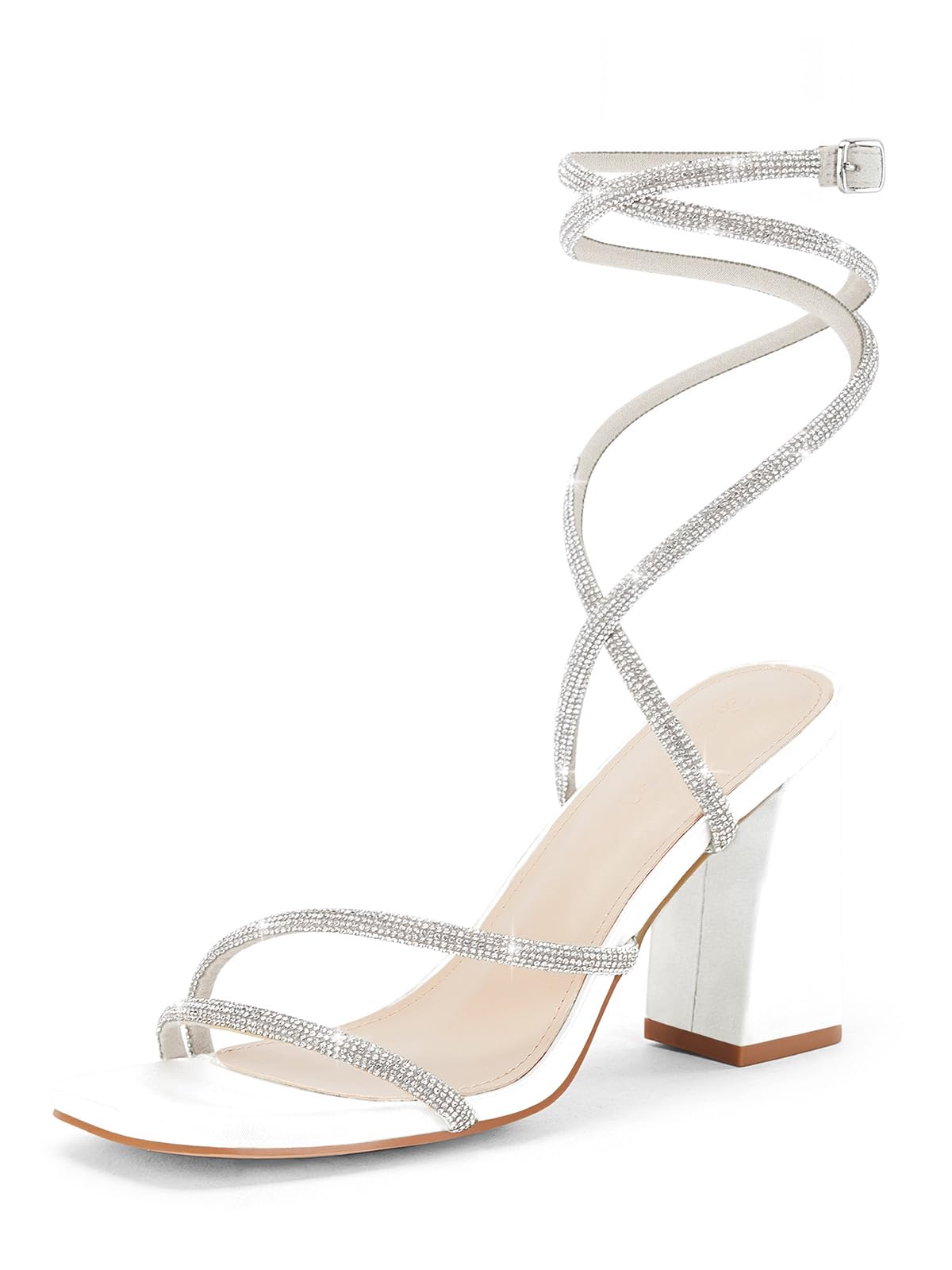 Womens Lace Up Chunky Heels Rhinestone Sandals Square Open Toe High Block Heeled Wedding Dress Shoes