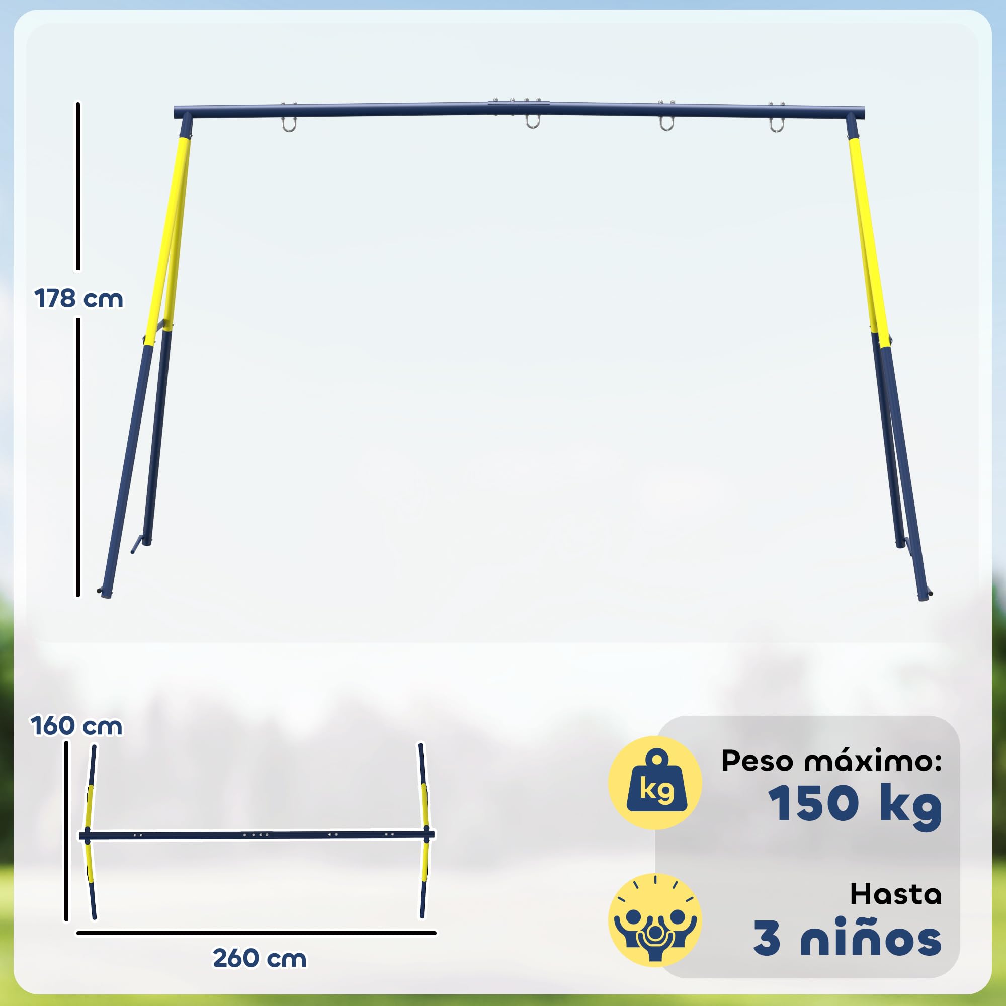 AIYAPLAY Estructura de Columpio Infantil, Estructura Metálica para 2 Columpios, Resistente para 150 kg, para Asiento, Nido y Escalera de Trepar, para Jardín, Balcón, 260x160x178 cm, Azul