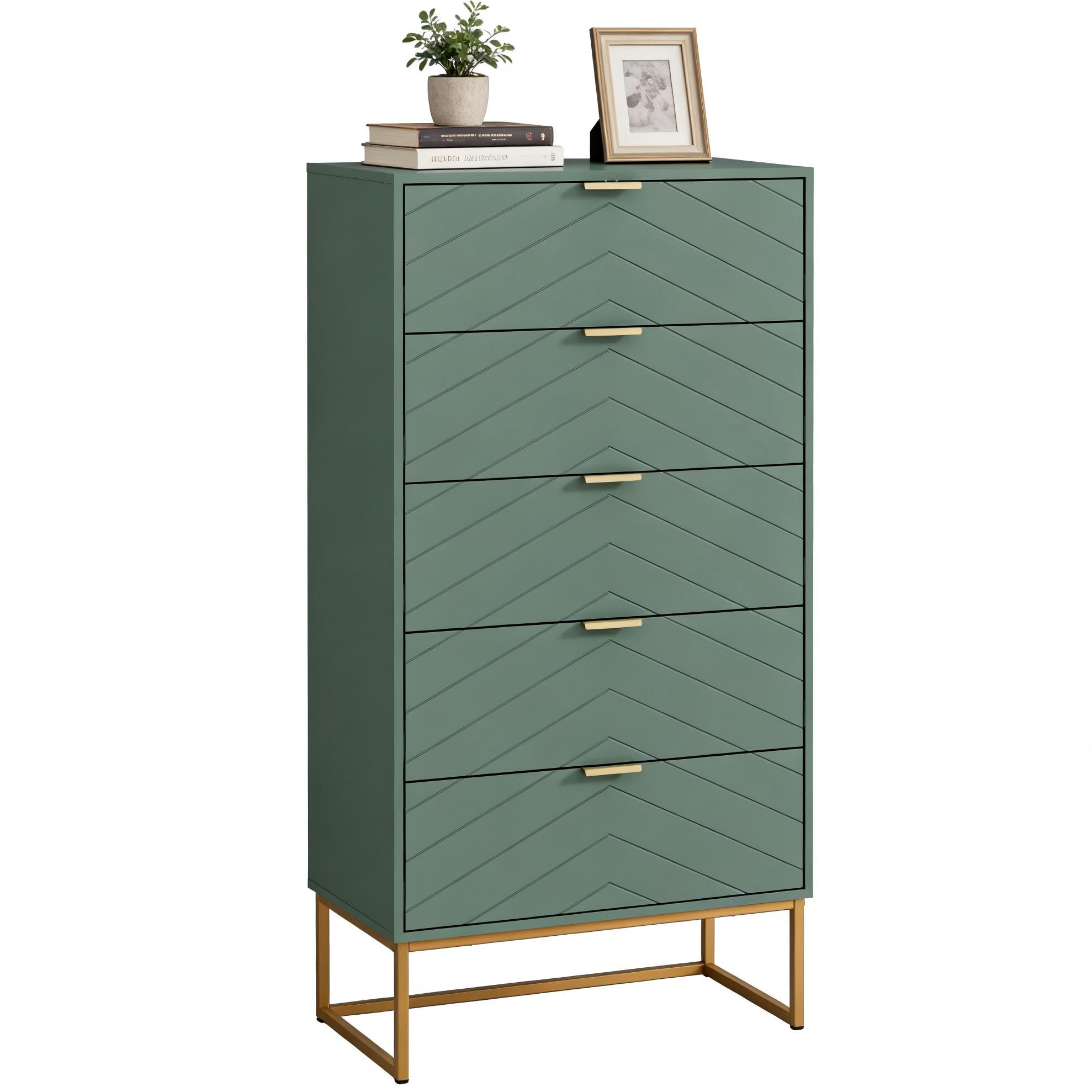 UEV Kommode mit 5 Schubladen Schrank Holz mit Kippsicherung Metallfuß Highboard Sideboard Schmal kommode Beistellschrank für Wohnzimmer Schlafzimmer,Flur 60x34x110cm (grün)