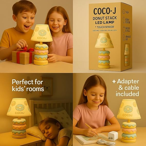 COCO-J Donut Lamp Kawaii Accent Table Lamp with 3-Level Touch Dimming, Ceramic Bedside Light with USB Power, Aesthetic Bedroom Lamp for Kids, Teens, Nursery and Home Decor