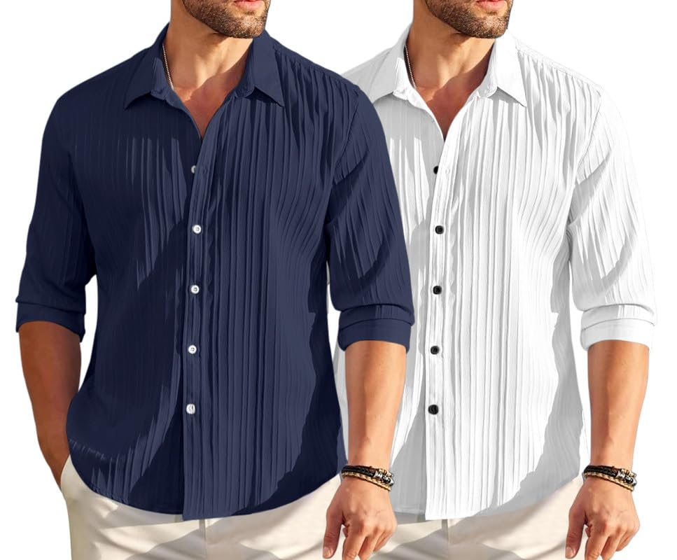 Image of FINIVO FASHION Men's Cotton Blend Shirt Set Lightweight, Full Sleeves, Plain Texture, Button Closure, Summer Ready (Pack of 2)