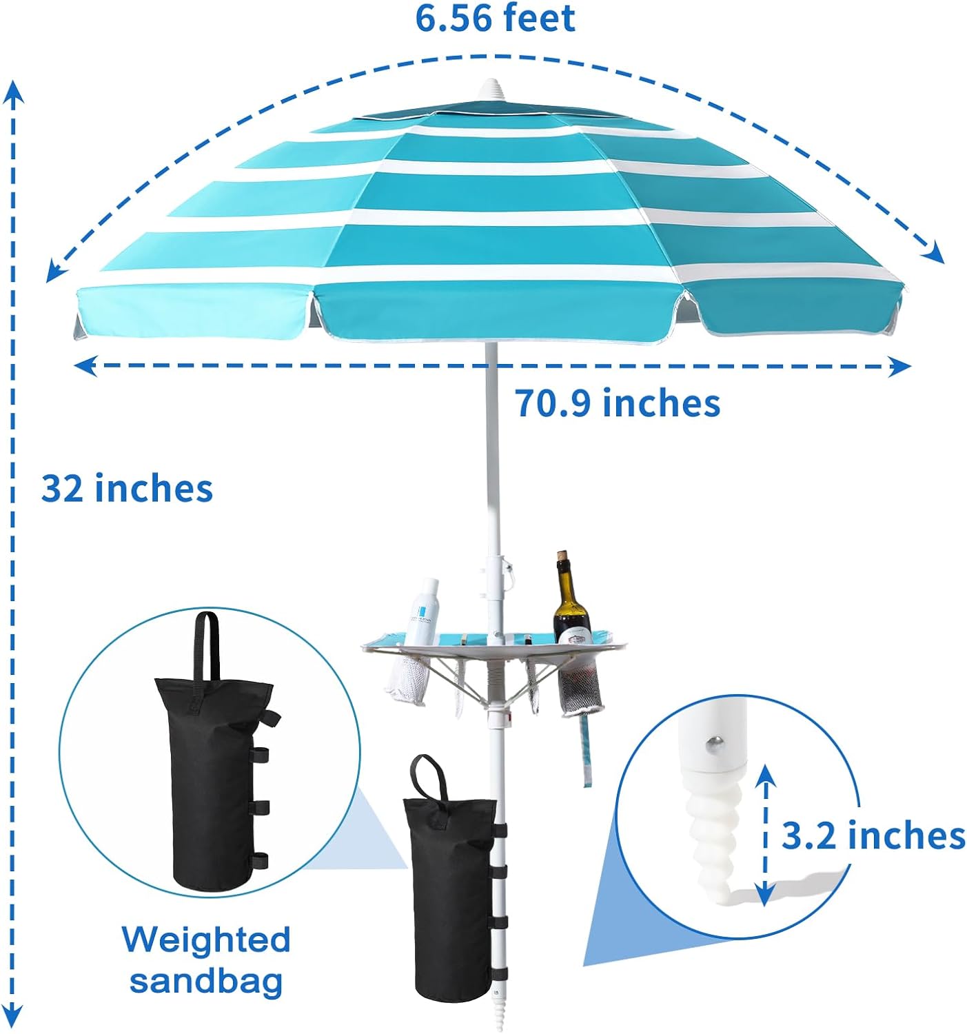 Beach Umbrella - Beach Umbrella for Sand Wind Portable with Tilt Pole, 6.56 FT Arc Length 5.9 FT Diameter, Heavy Duty Wind Resistant Striped Large Umbrellas, UV 50+ Parasol with Anchor Screw Adjustable Height