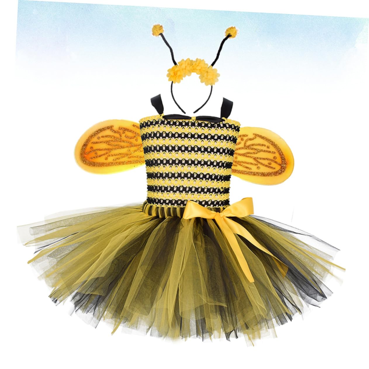 KOMBIUDA Bienenkostüm Mädchen Kleid mit Federflügeln und Haarschmuck Luftiger Tüll Rock Jahre Bezauberndes Party und Bühnenoutfit für Verkleidung und Tanz