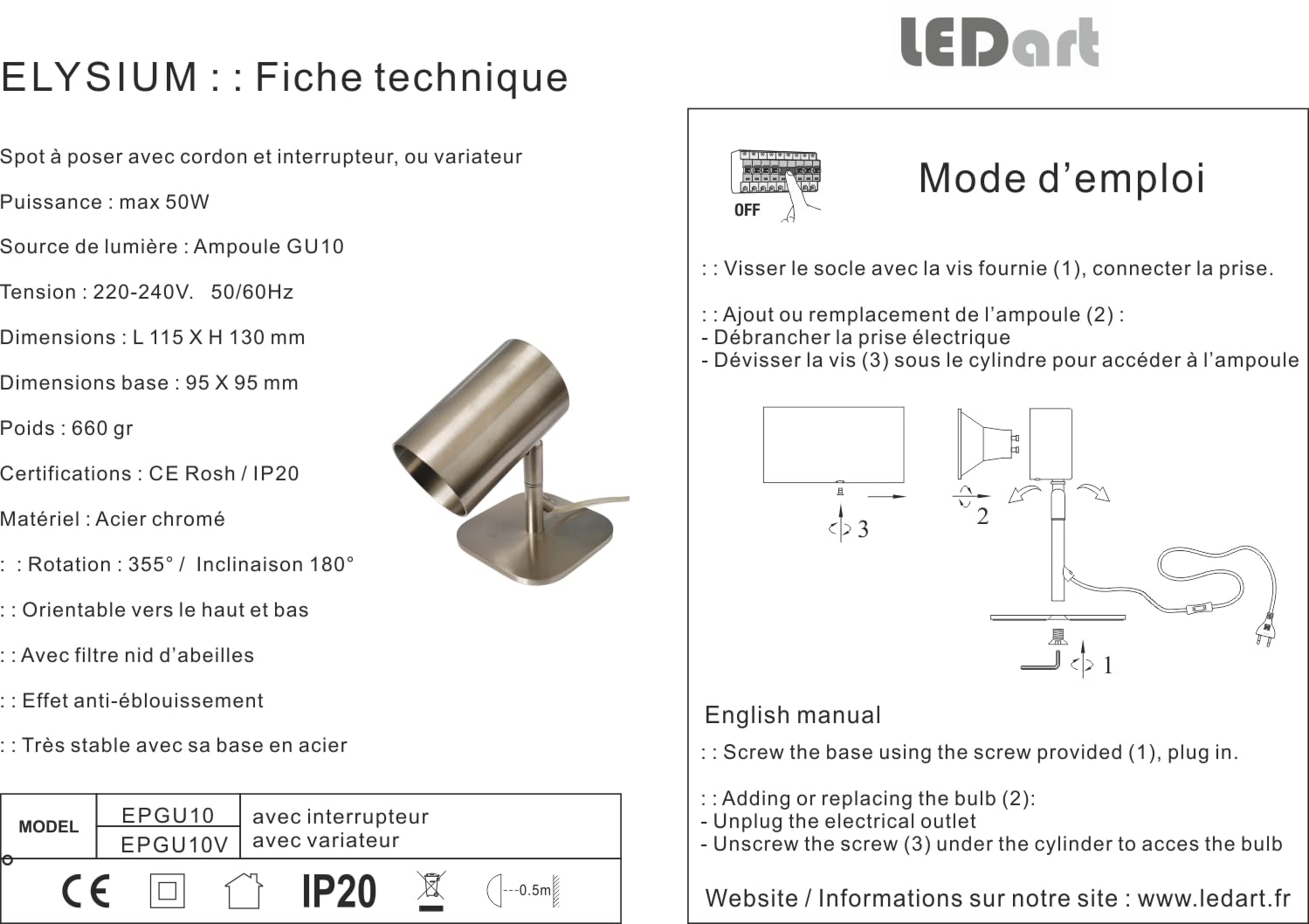Foco de mesa ELYSIUM GU10, 8 W, haz de 20 °, Ra97, lámpara de diseño, efectos luminosos, iluminación de precisión y cuadros (3000 K)