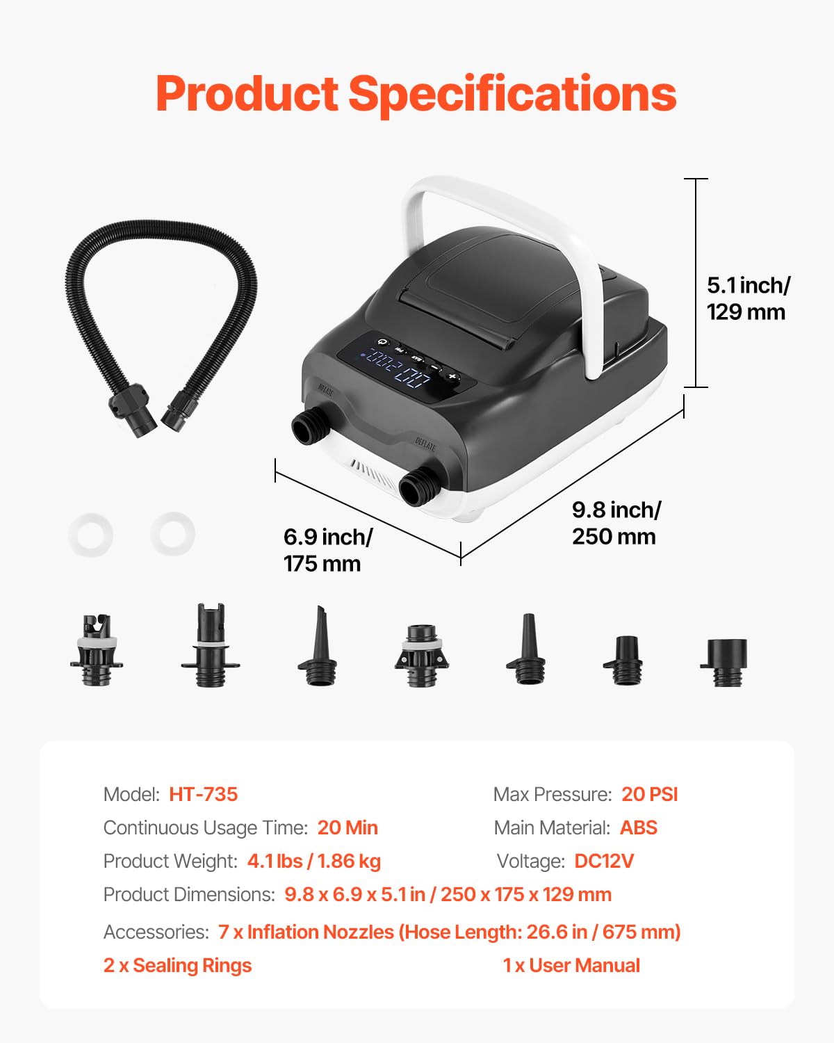 VEVOR Pompe à Air pour Paddle Haute Pression 20 psi, Gonfleur pour Sup avec Connecteur Allume-Cigare et Arrêt Automatique, Gonflage et Dégonflage à Deux Étages, pour Bateau Gonflable Matelas Tentes