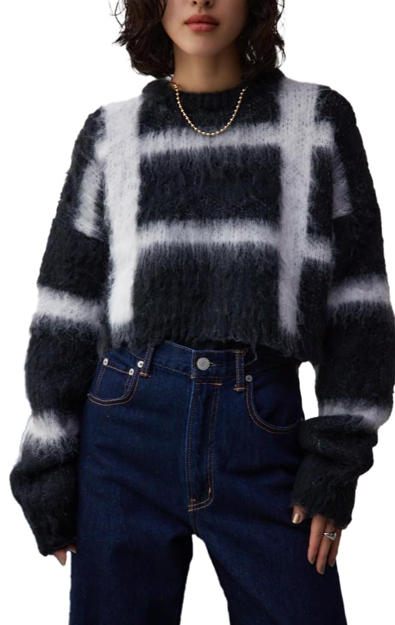 [AZUL by moussy] [アズールバイマウジー] チェックパターン クロップド シャギー ニット レディース 250HAM70-316I