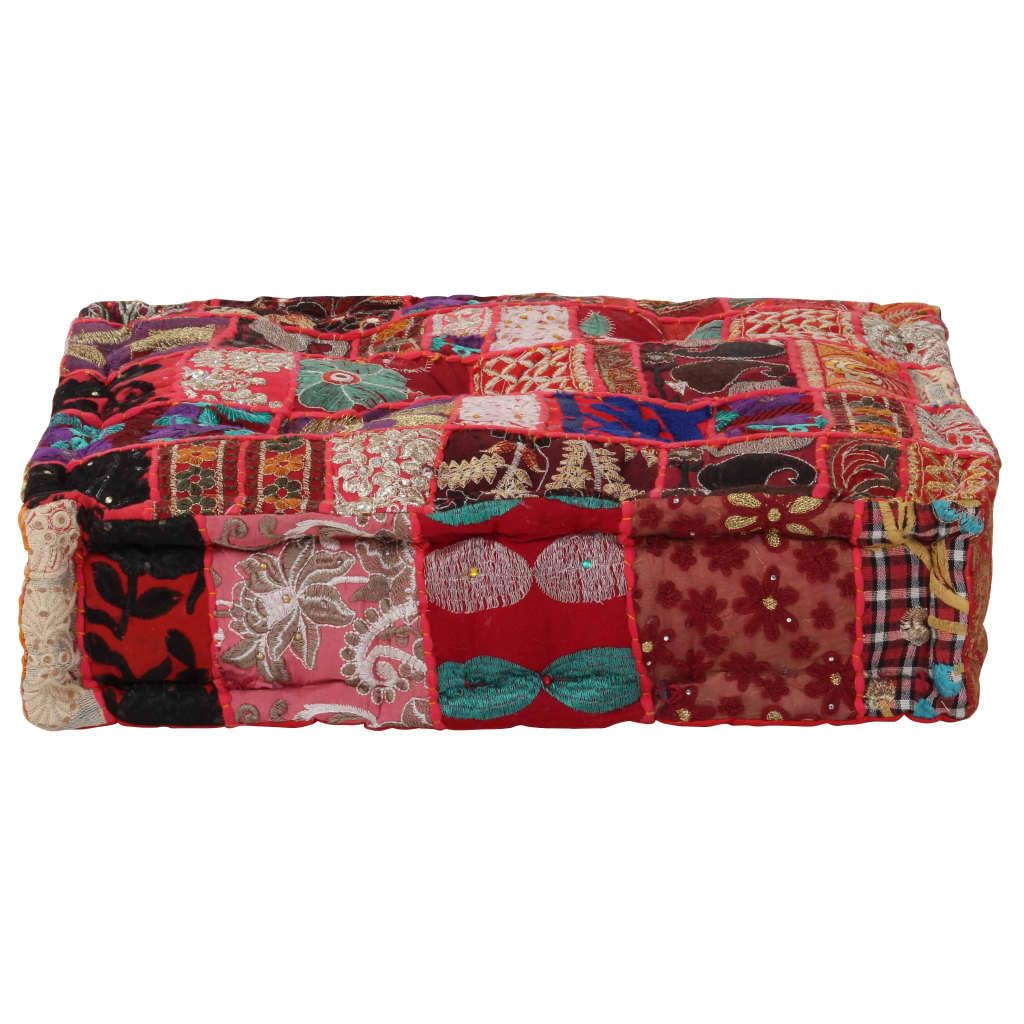 Puf Flickwerk kwadratowy ze 100% bawełny, 50 x 50 x 12 cm, ręcznie wykonany taboret do siedzenia z egzotycznymi haftami, styl vintage, czerwony, do salonu, sypialni, na sofę, wygodny, miękki