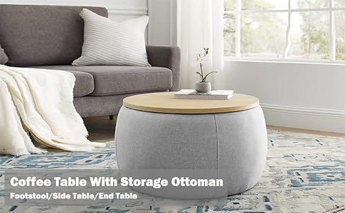 Kakotito Modern Round Storage Ottoman With Wooden Lid,Circle Ottoman Handmade Ottoman Coffee Table,End Table & Footstool thumb #2