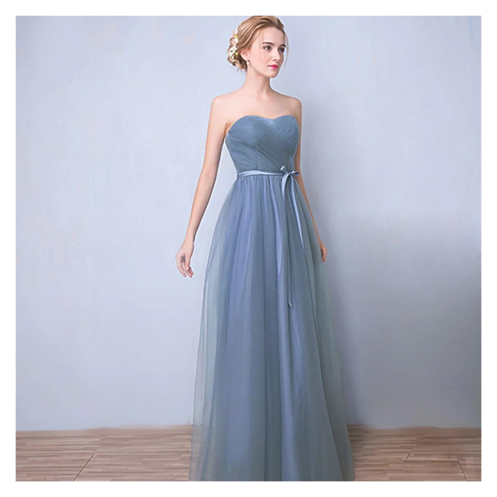 VFIDPSU Robes Demoiselle d'honneur Robe de Demoiselle d'honneur élégante Simple, Gris Bleu, 4 Styles, sans Manches, Classique, en Tulle, Ceinture en Satin, nœud à Lacets, Ligne a(Grey Blue D,16)
