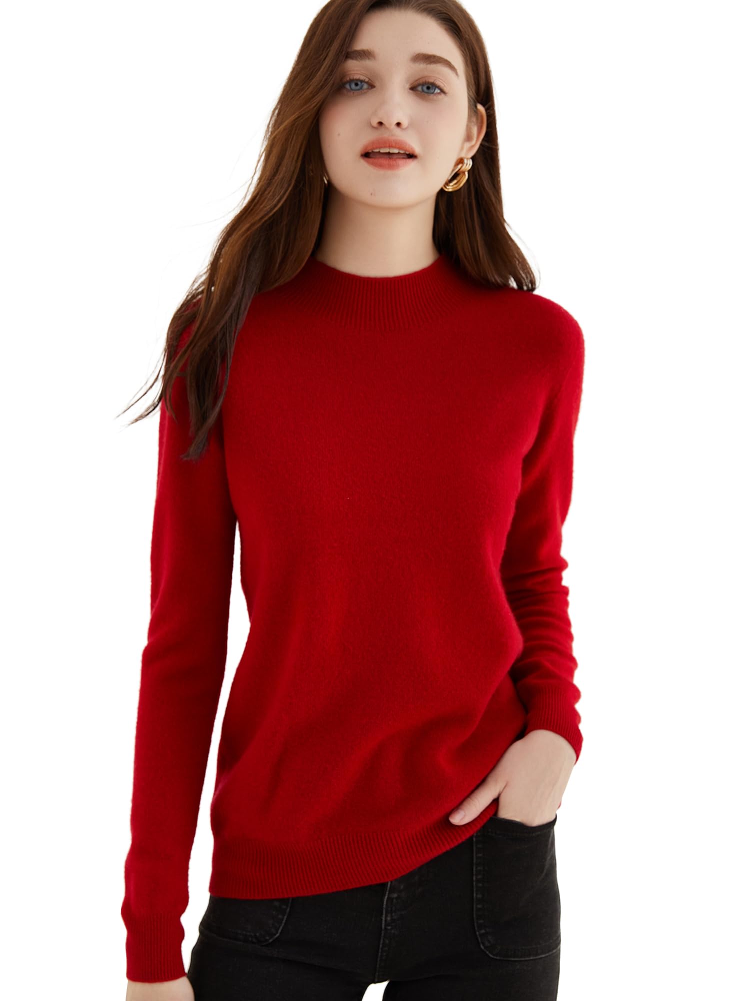 LINY XIN Women's 100% Merino Wool Half Sleeve Sweater Spring Fall Mock Neck Lightweight Soft Knitted Pullover Tops