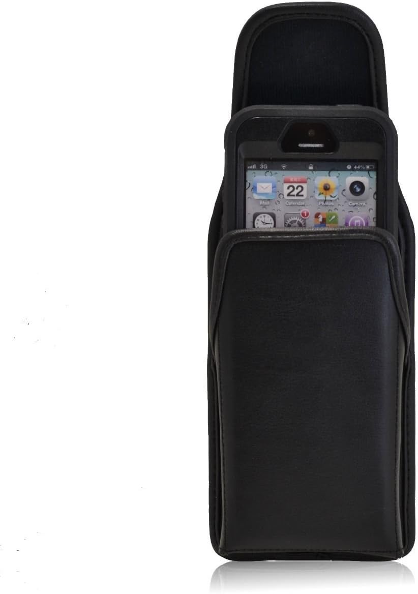 Turtleback Holster for iPhone SE and 5s with OB Defender or Bulky Cases, Black Vertical Belt Case Leather Pouch with Executive Belt Clip