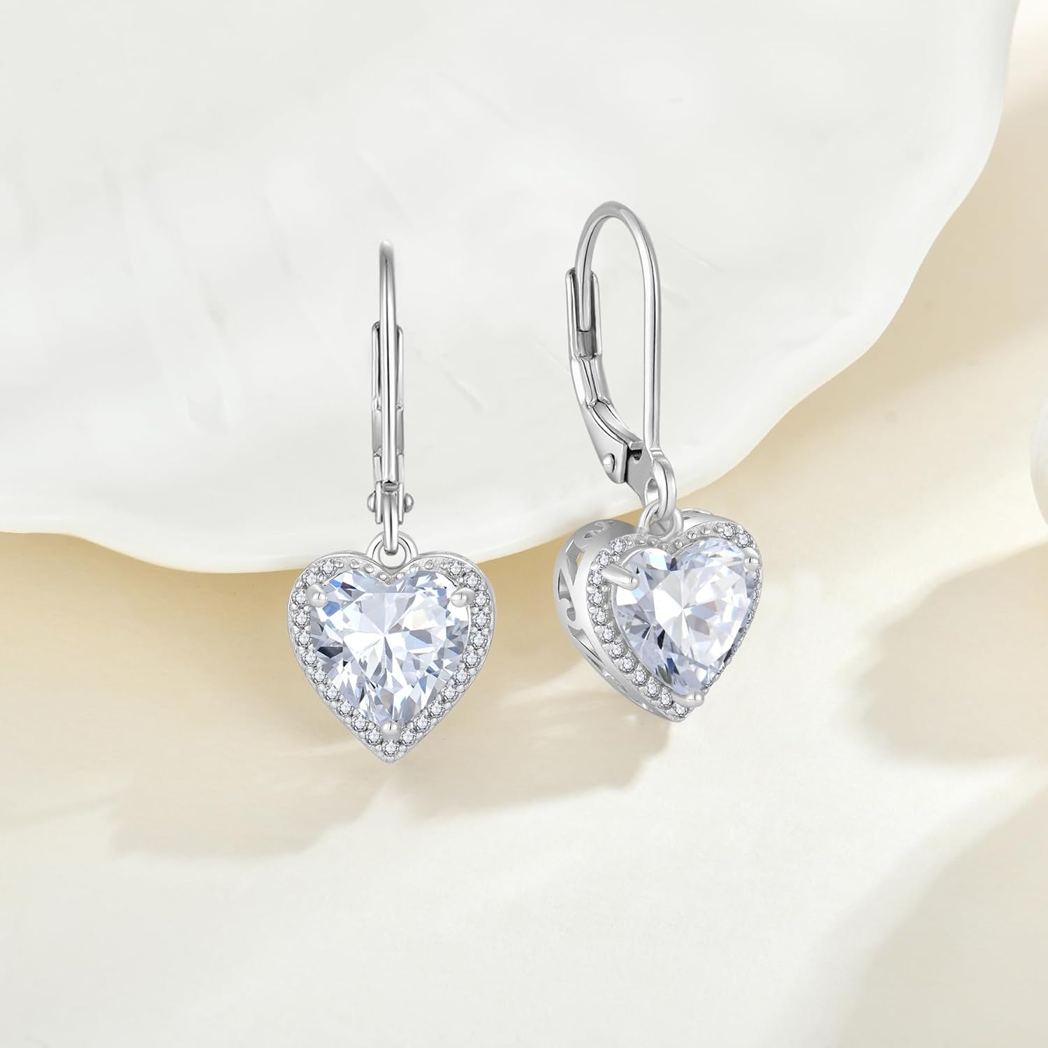 Heart Dangle Drop Earrings 925 Sterling Silver Halo Solitaire Leverback Earrings Birthstone Jewelry for Women - Image 4