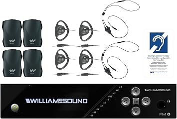Williams AV FM 557 Large-Area Dual FM Plus and Wi-Fi Assistive Listening System with FM T55 Transmitter, 4 PPA R37N Receivers, 4 EAR 022 Earphones, 2 NKL001 Neckloops and IDP 008 ADA Wall Plaque