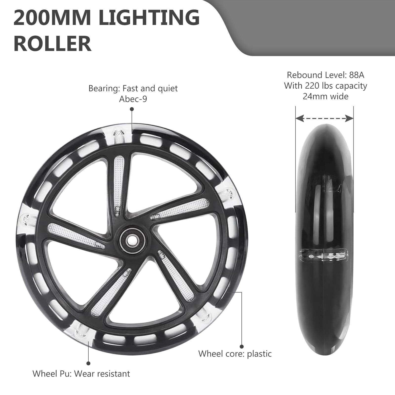 Ruote luminose per scooter: 2 pezzi da 200 mm, ruote di ricambio a LED con cuscinetti ABEC-9, ruote luminose per tutti i tipi di scooter