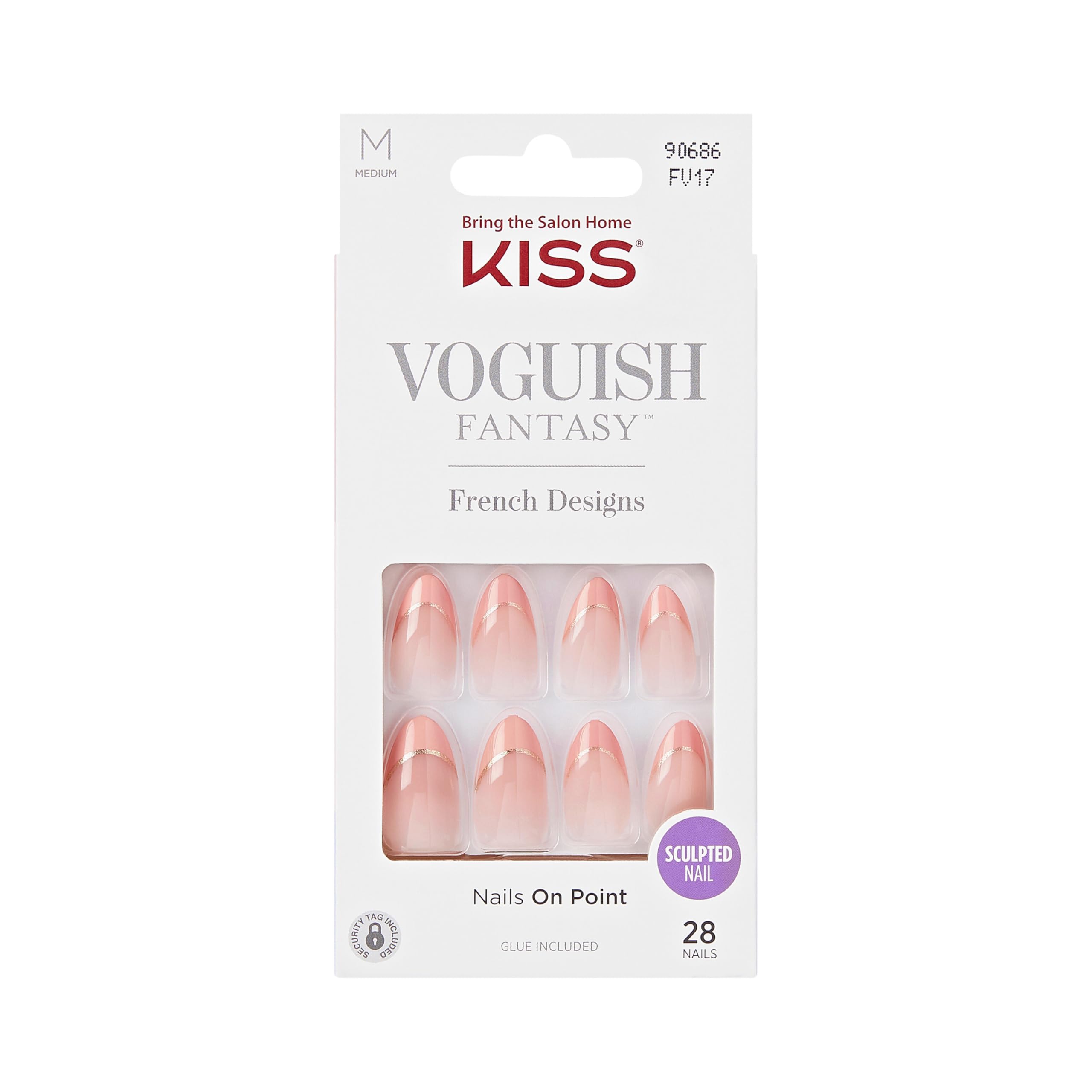 KISS Voguish Fantasy, Press On Nails, Nail glue included, 'éclatant', Light Pink, Medium Size, Almond Shape, Includes 28 Nails, 2g glue, 1 Manicure Stick, 1 Mini File