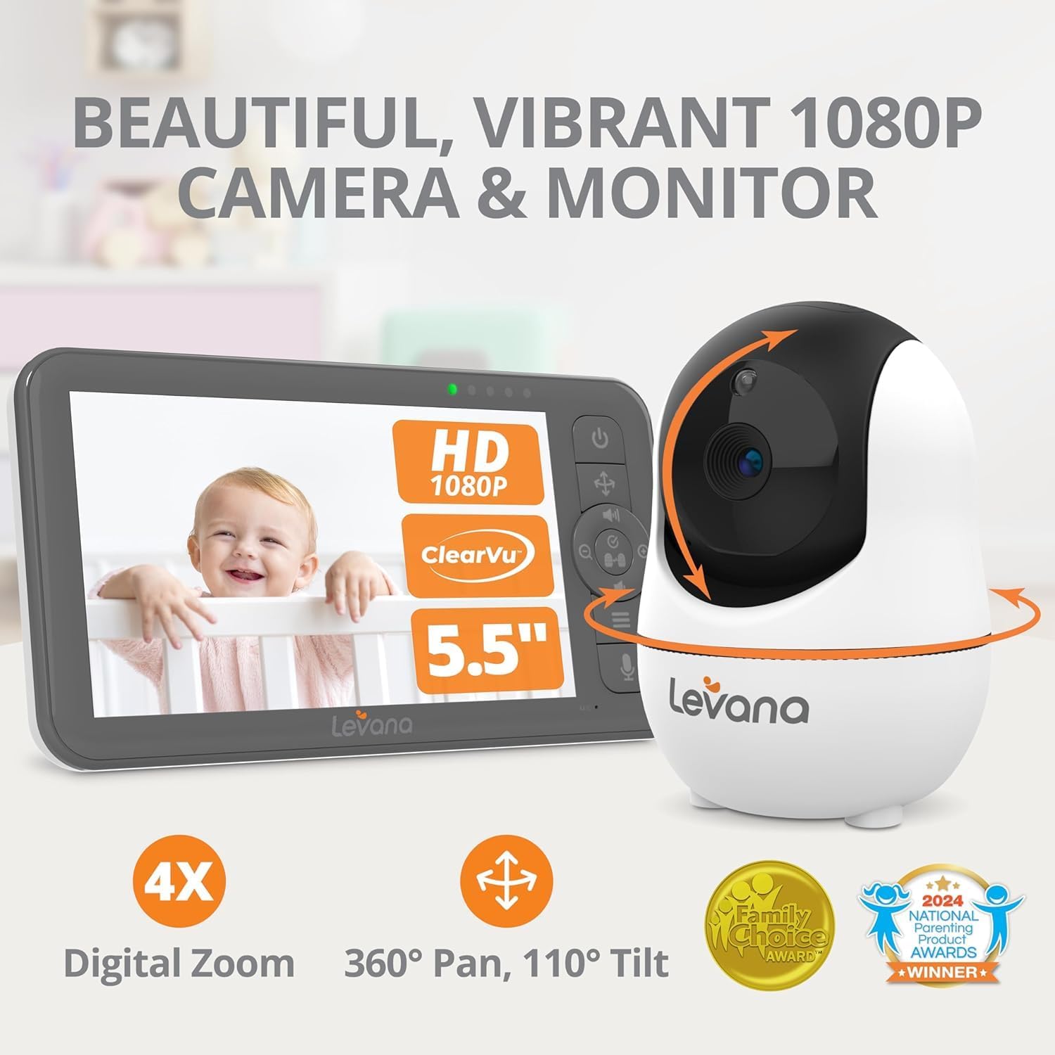 Levana Nala Video Baby Monitor, 5.5" 1080P Screen, 2 Night Vision PTZ Cameras, 22 Hour Battery Life, 5000mAH Battery, No WiFi, Two-Way Talk, 1000ft of Range Baby Cameras