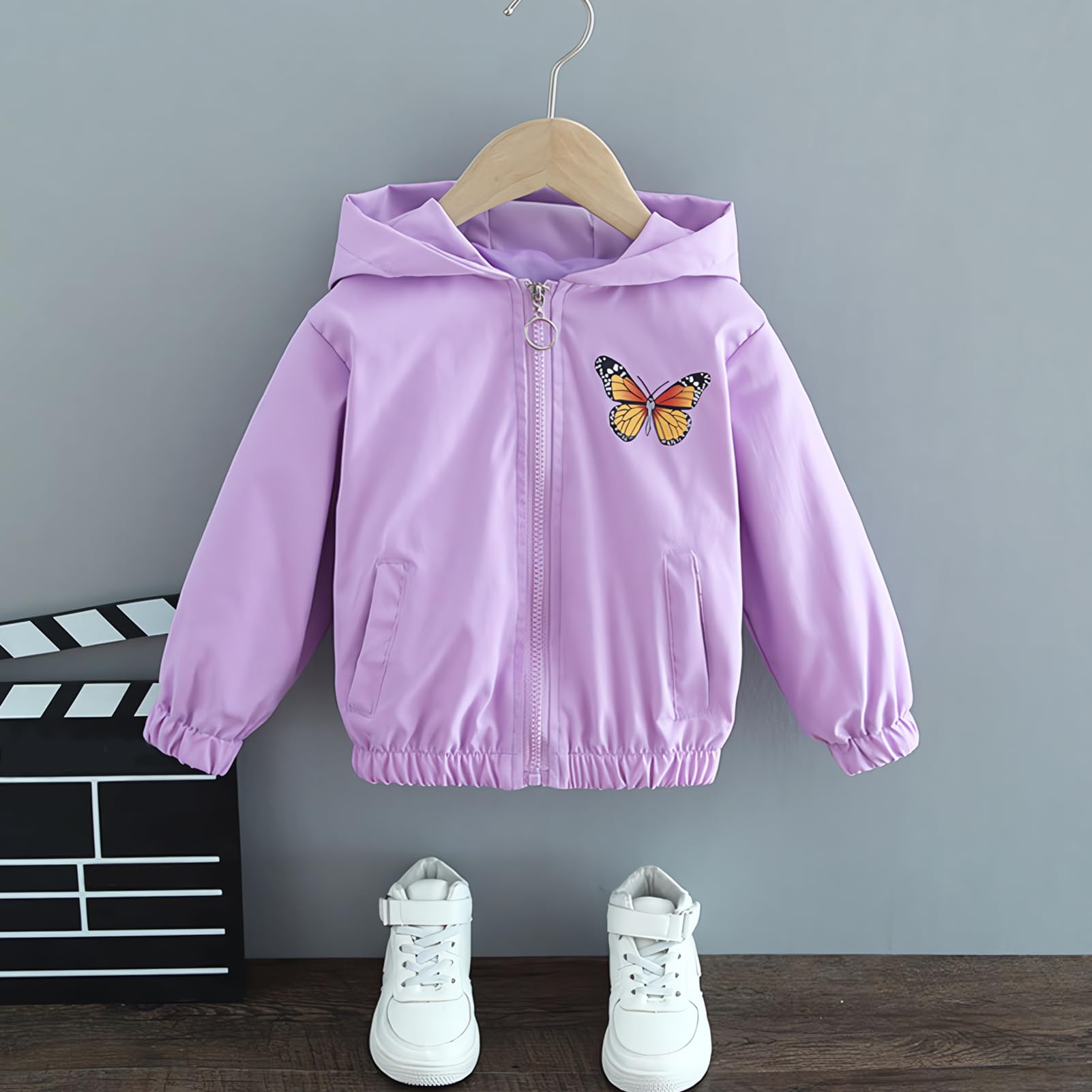 Manteau Fille Veste à Capuche Enfant Blouson Extérieure Trenchcoat avec Motif Papillon Printemps Automne