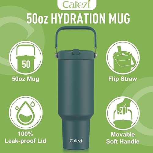 Miniatura 5 de Vaso de 50 onzas con asa y popote, botellas de agua de acero inoxidable con popote abatible y mango superior, a prueba de fugas, cabe en el