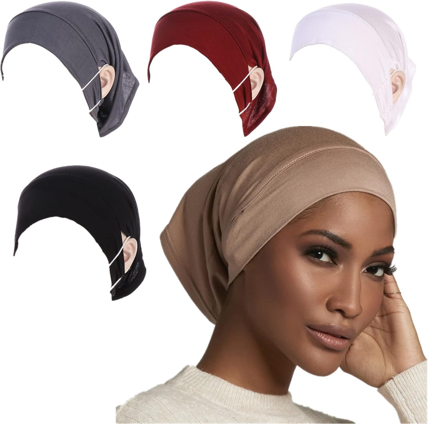 4 Pieces Muslim Hijab Undercap with Ear Hole Underscarf Inner Cap Jersey Hijabs Tube Bonnet Caps Turban