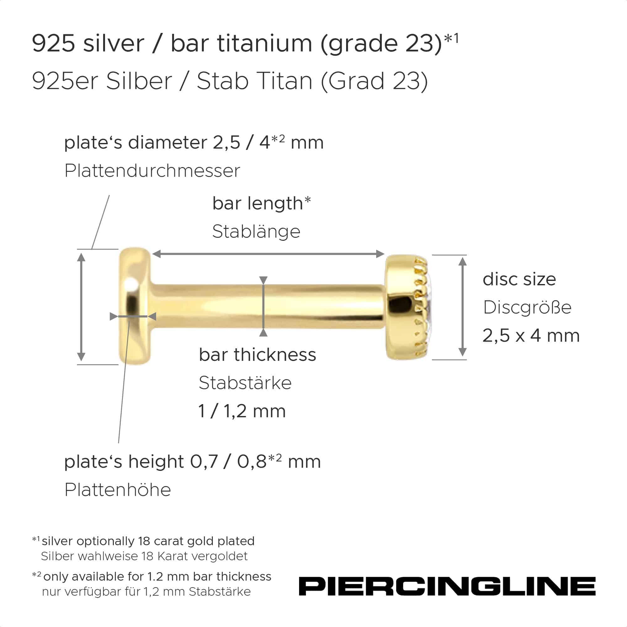 PIERCINGLINE Piercing Stecker Titan Labret mit Innengewinde + 925er Silber Aufsatz MOISSANIT-OVAL - Goldfarben, Silberfarben