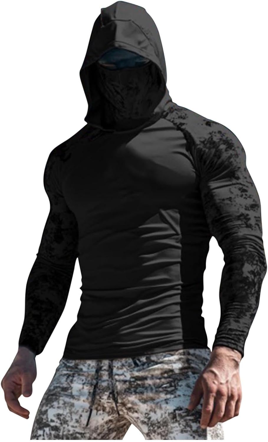 Men's Camo Sun Protection Hoodie with Mask UPF 50 Uv Long Sleeve Shirt Sun Shirt Uv Hooded Outdoor Rash Guard