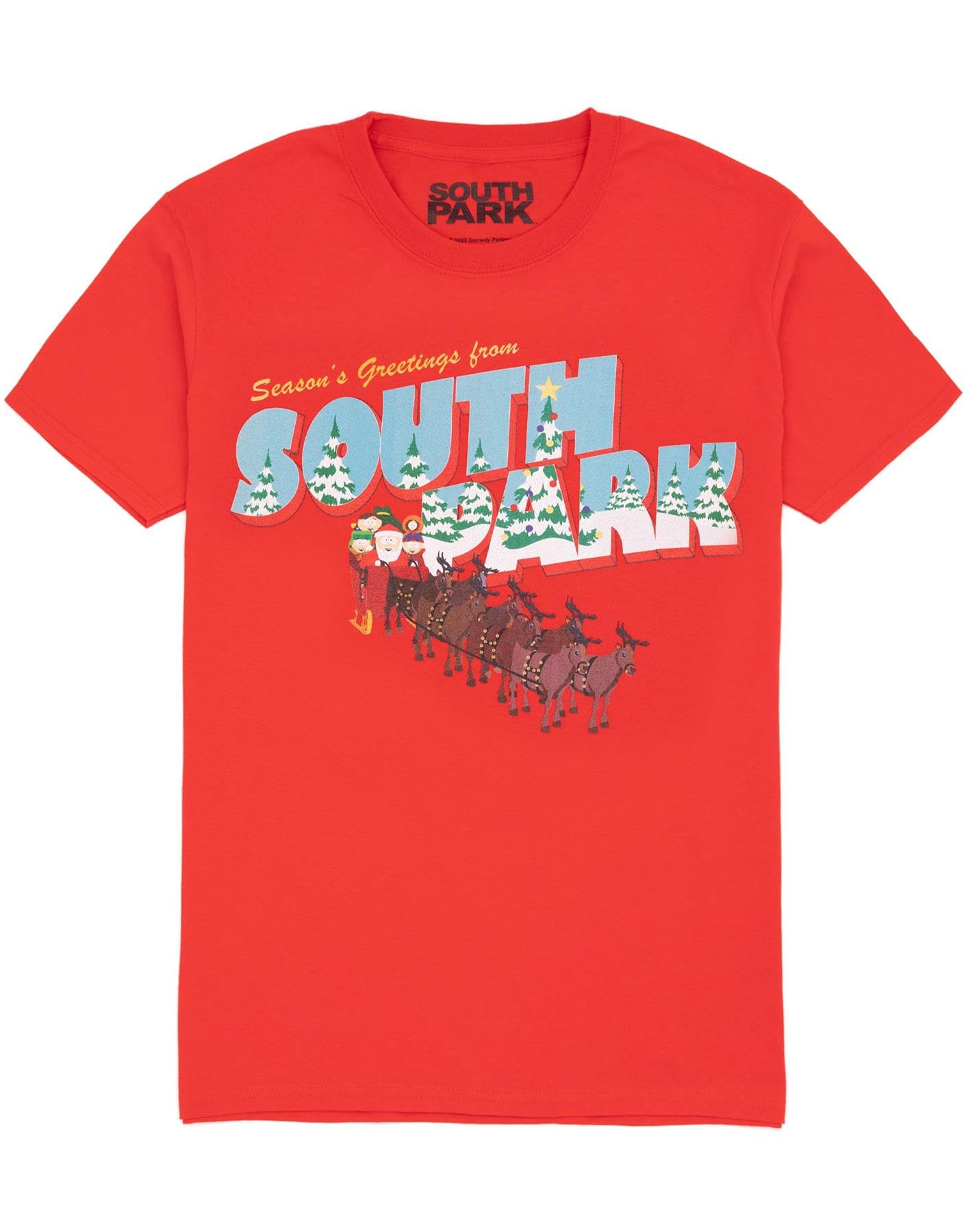South Park Men's Red Christmas T-Shirt | Adults Seasons Greetings Santa Graphic Tee In | Santa Seasonal Classic Tv Show Cartoon Top | Funny Winter Holiday Apparel Gift For Him