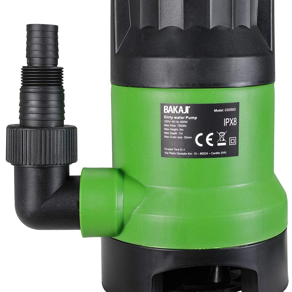 Bakaji Pompa Immersione Elettropompa Sommersa Acque Scure Sporche Potenza 400 W Portata 7000L/h Profondità Massima 7 Metri con Fondo Piatto Maniglia per il Trasporto e Cavo 10 metri (7000 Litri/h)